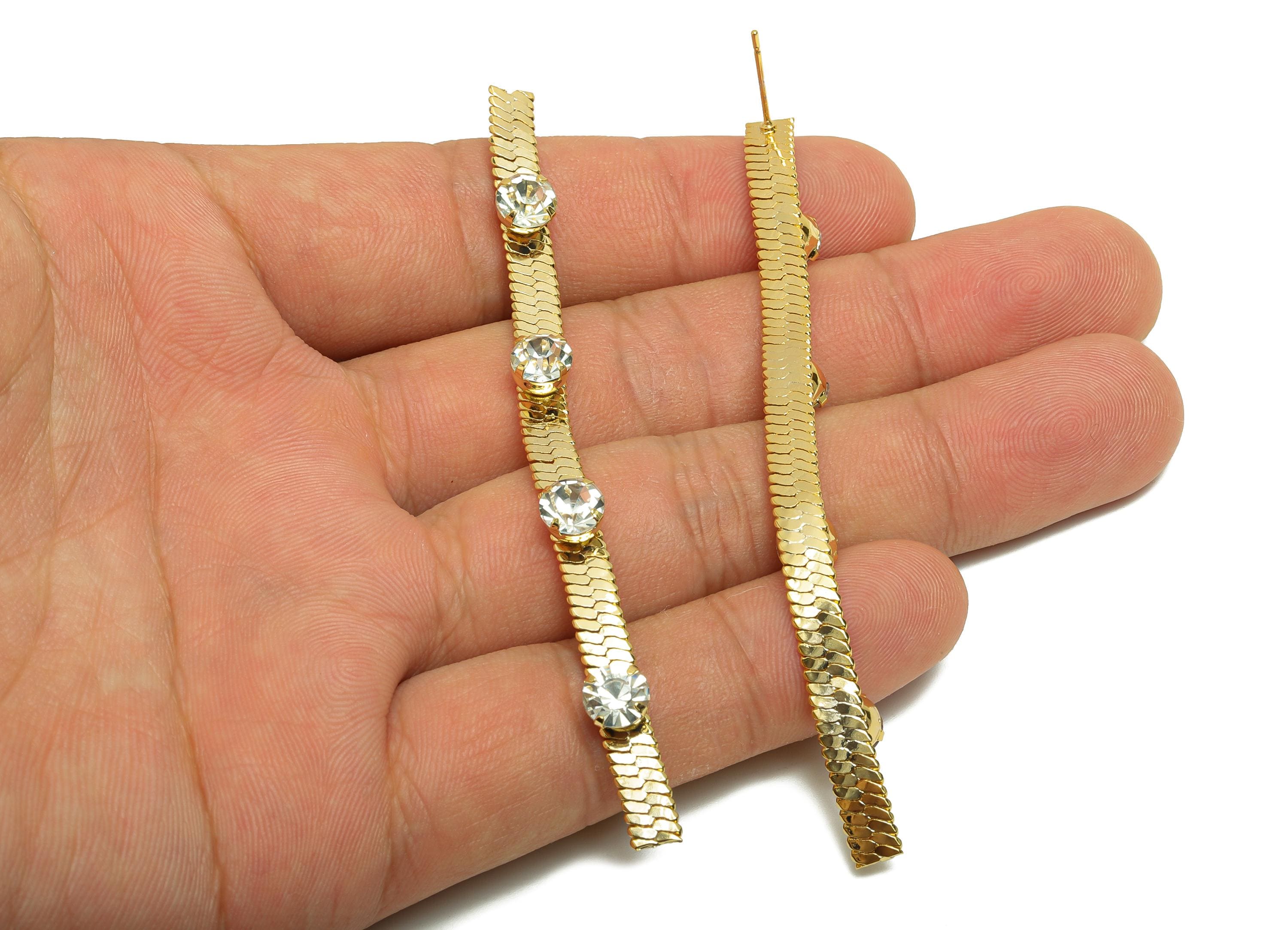 Brass Snake Chain Earring - Round Zircon Earring Post - Gold Woman&#39;s Daily Wear Ear Stud - 18K Real Gold Plated- 85.22x5.04x0.74mm - RGP8724 - DOMEDBAZAAR