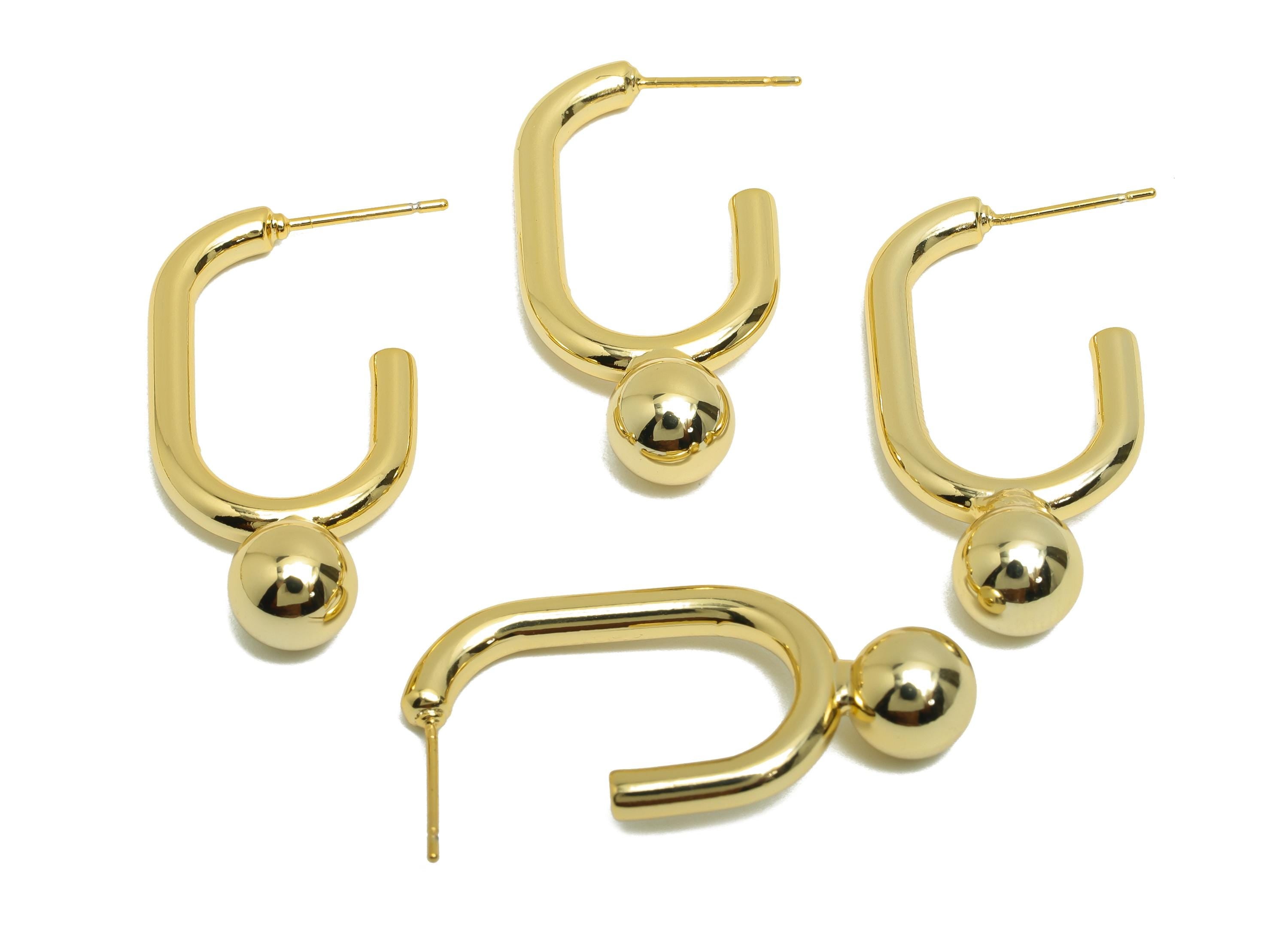 Brass Open Rectangle Earring Stud - Gold Earring Post for Woman&#39;s - Ball Stud Earring - 18K Real Gold Plating - 34.73x16.75x3.05mm - RGP8726 - DOMEDBAZAAR