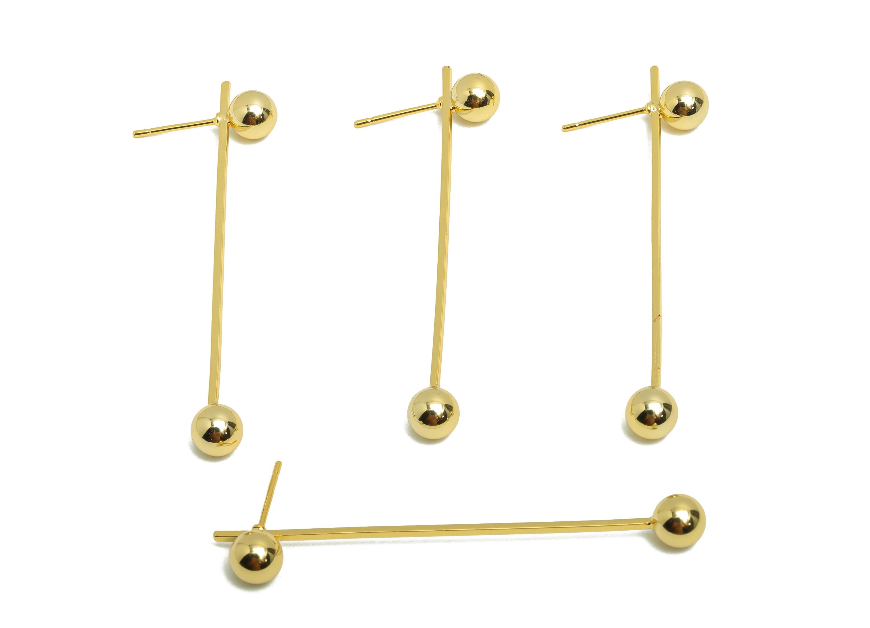 Brass Bar Ball Earring Stud - Gold Earring Post for Woman&#39;s - Beads Ball Bar Stud Earring - 18K Real Gold Plating - 55.4x6.05x1mm - RGP8728 - DOMEDBAZAAR