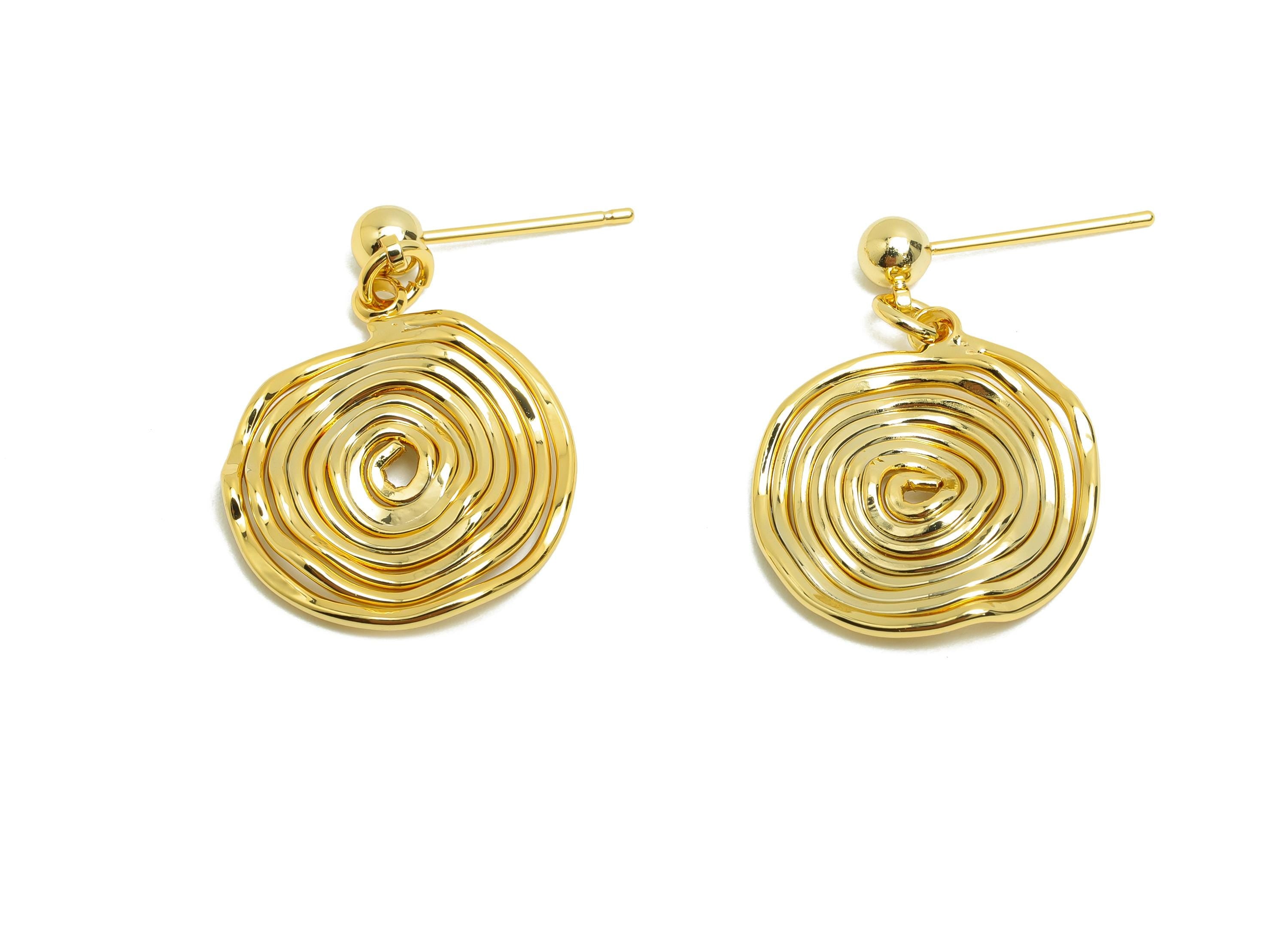 Brass Whirlpool Earring Stud - Round Wave Ball Dangle Earring - Gold Daily Wear Earring - 18K Real Gold Plated - 25.39x17.24x1.35mm -RGP8729 - DOMEDBAZAAR