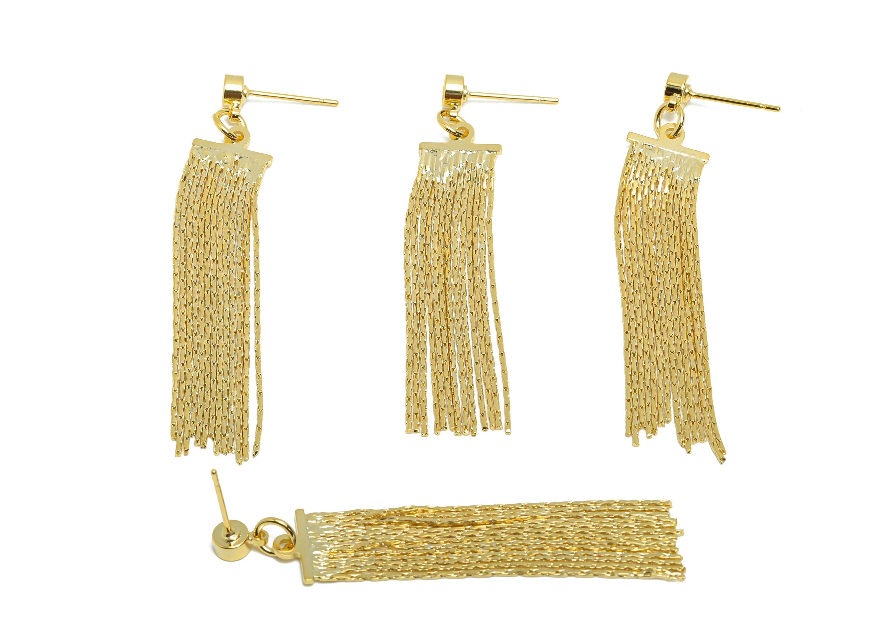 Brass Dangle Tassel Earring - Gold Round Earring Setting for Girl&#39;s - Snake Chian Earring - 18K Real Gold Plating - 44x9.7x0.67mm - RGP8731 - DOMEDBAZAAR