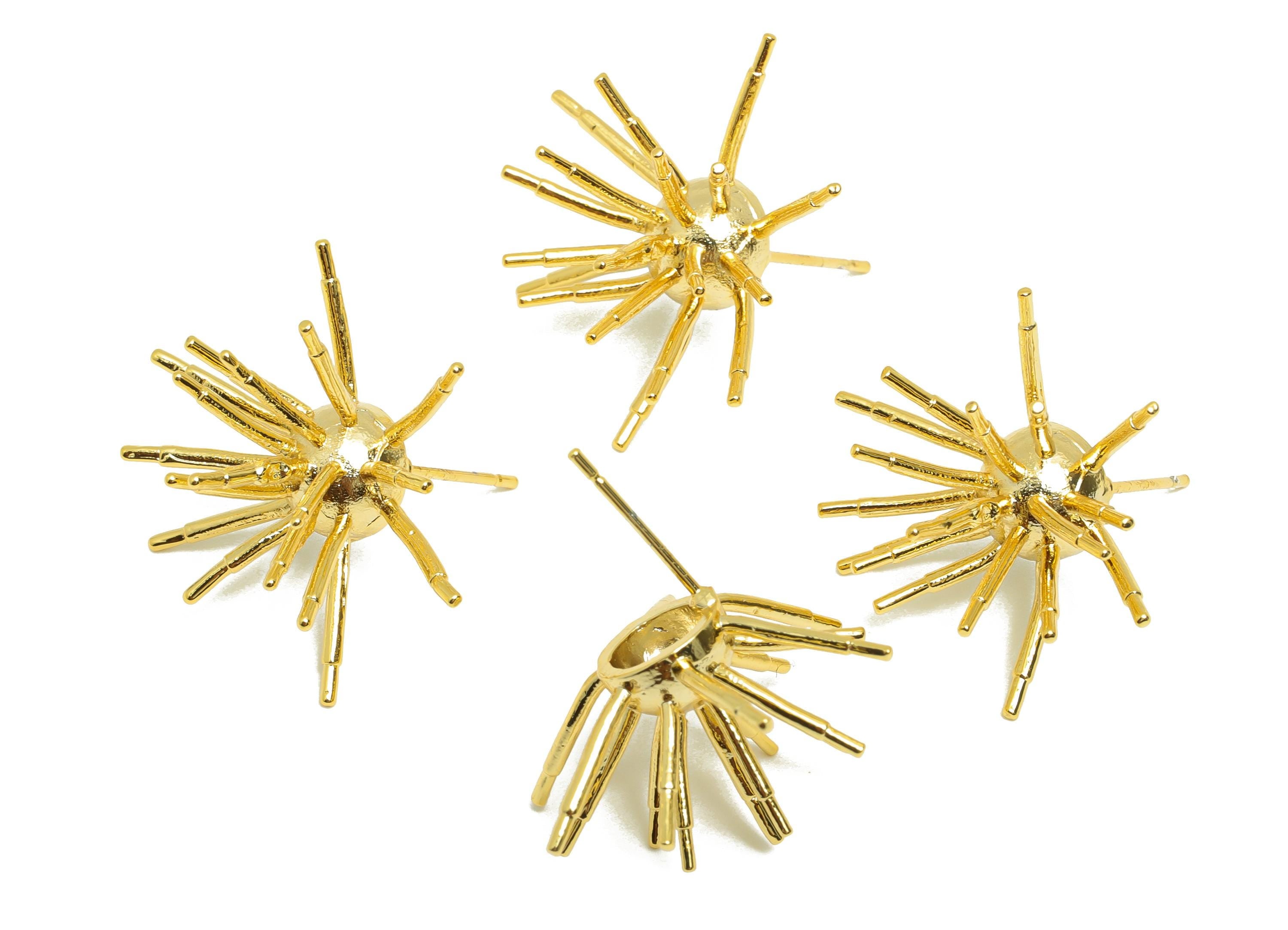 Brass Spikes Earring - Sea Urchin Earring Stud for Women - Gold Textured Earring Post - 18K Real Gold Plating - 28.04x14.58x1.25mm - RGP8981 - DOMEDBAZAAR