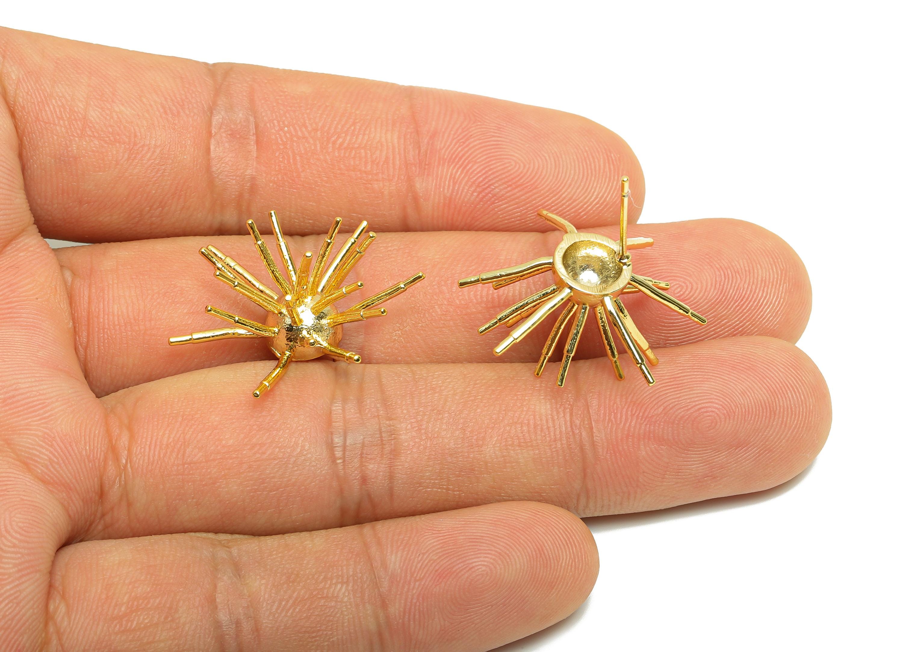 Brass Spikes Earring - Sea Urchin Earring Stud for Women - Gold Textured Earring Post - 18K Real Gold Plating - 28.04x14.58x1.25mm - RGP8981 - DOMEDBAZAAR