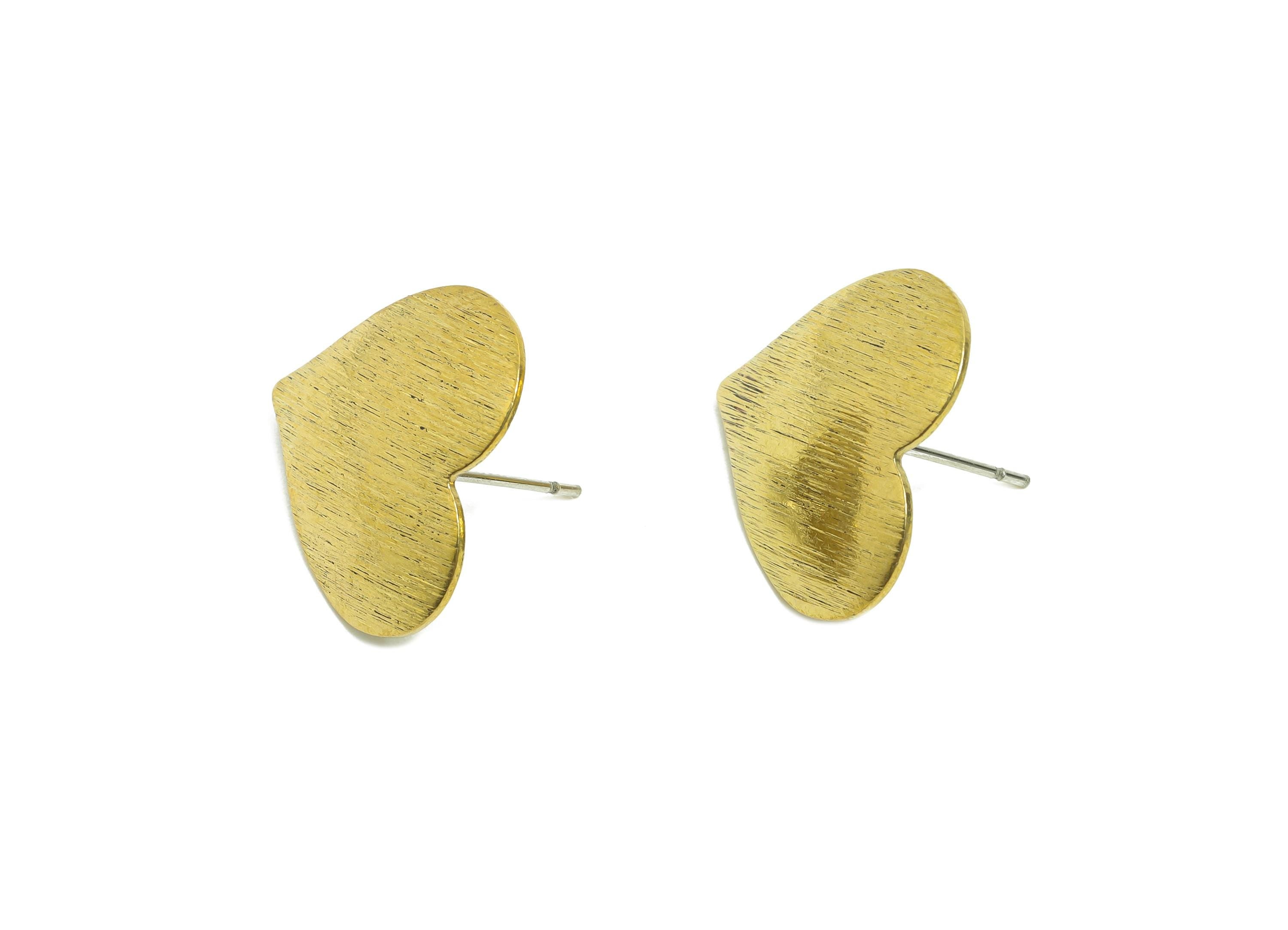 Brass Heart Stud Earring - Raw Brass Textured Heart Earring Stud With Loop - Brass Artistic Jewelry For Earring - 3.7x19x19.2mm - PP10798 - DOMEDBAZAAR