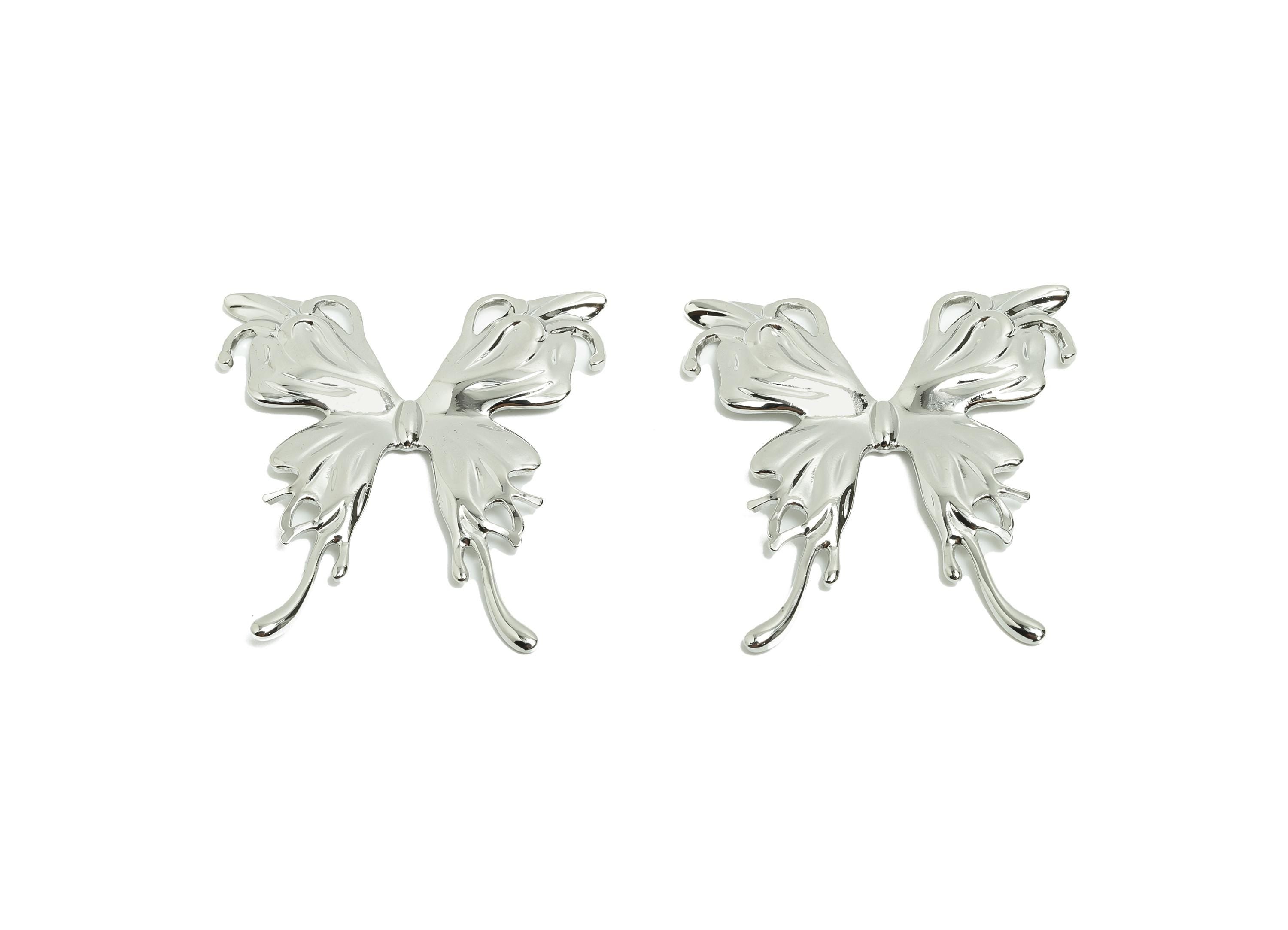 Brass Butterfly Earring Charm - Brass Ornate Butterfly Flowing Wing - Decorative Necklace - 18k Real White Gold Plating - 43x41x2mm-RGP10032 - DOMEDBAZAAR