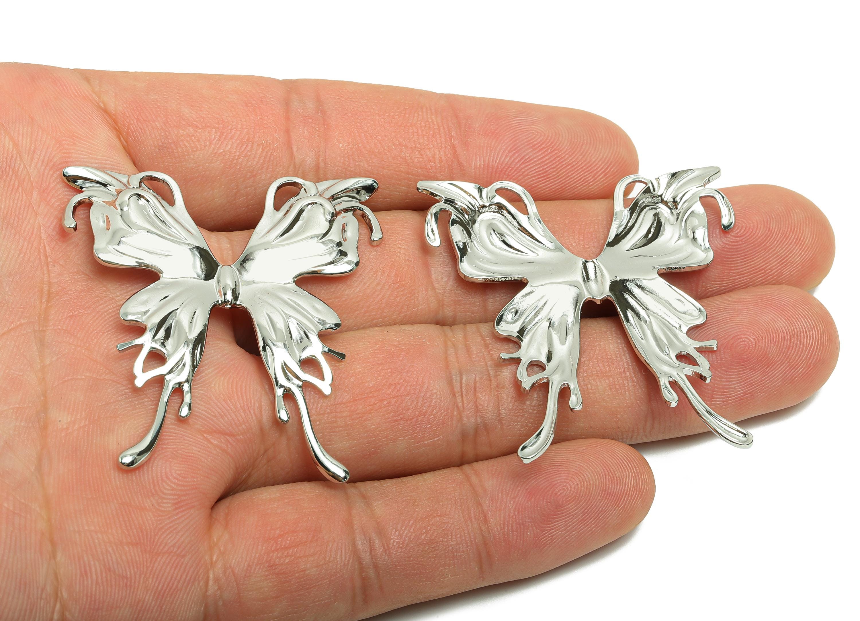 Brass Butterfly Earring Charm - Brass Ornate Butterfly Flowing Wing - Decorative Necklace - 18k Real White Gold Plating - 43x41x2mm-RGP10032 - DOMEDBAZAAR