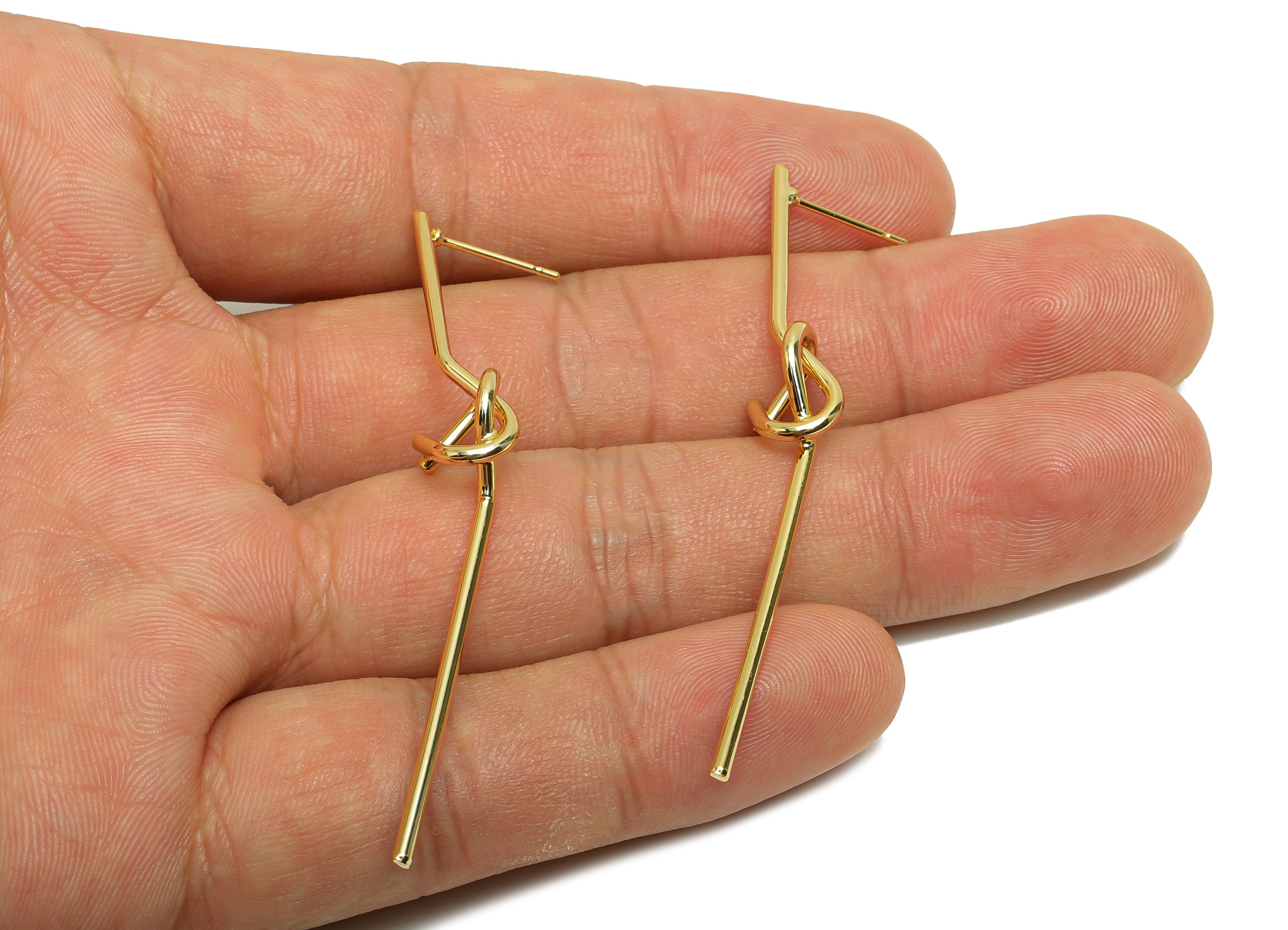 Brass Bar Earring Stud - Knot Long Bar Earring Post for Woman&#39;s - Gold Daily Wear Earring - 18K Real Gold Plating - 62.71x10x1.68mm -RGP8734 - DOMEDBAZAAR