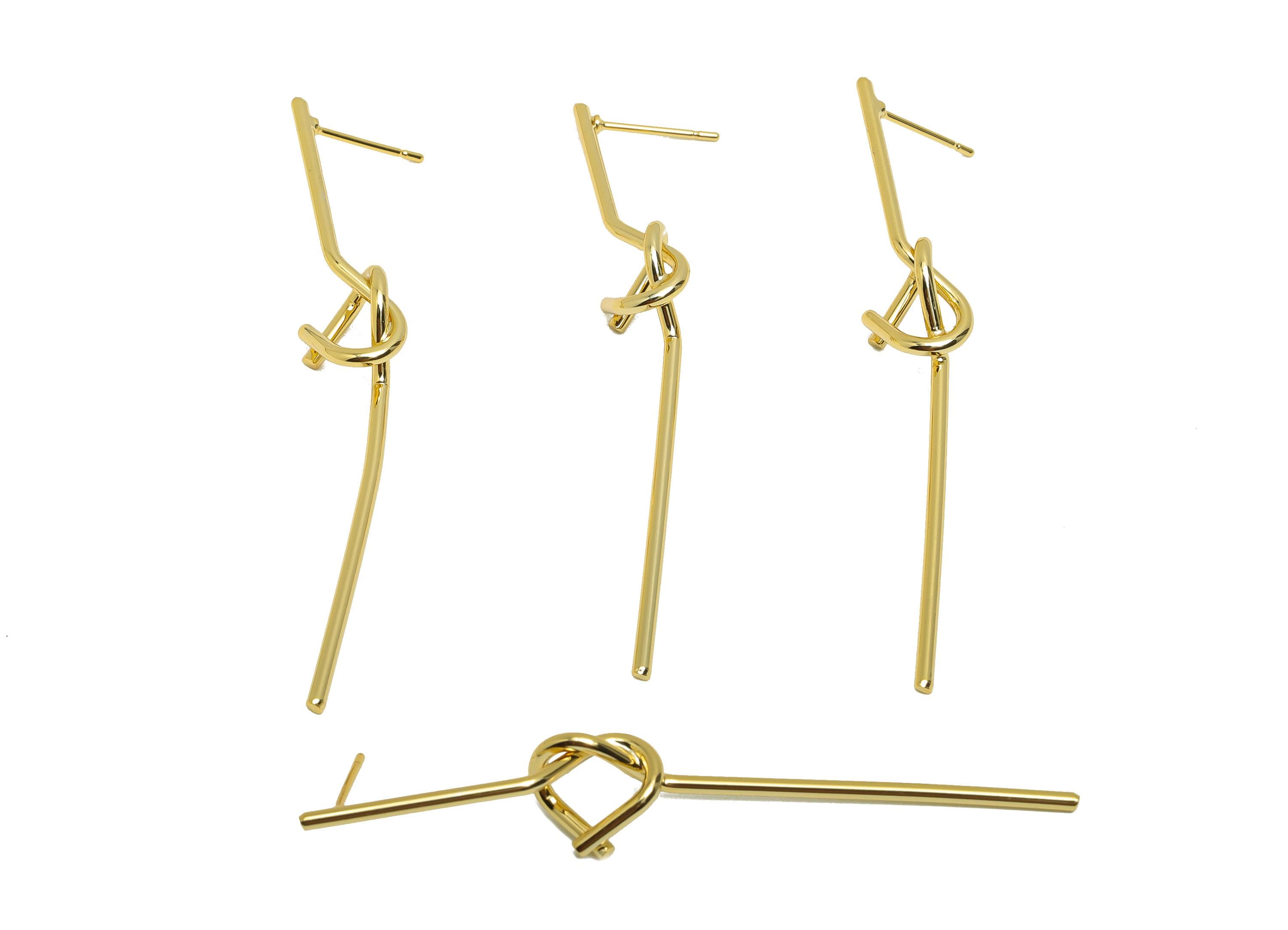 Brass Bar Earring Stud - Knot Long Bar Earring Post for Woman&#39;s - Gold Daily Wear Earring - 18K Real Gold Plating - 62.71x10x1.68mm -RGP8734 - DOMEDBAZAAR