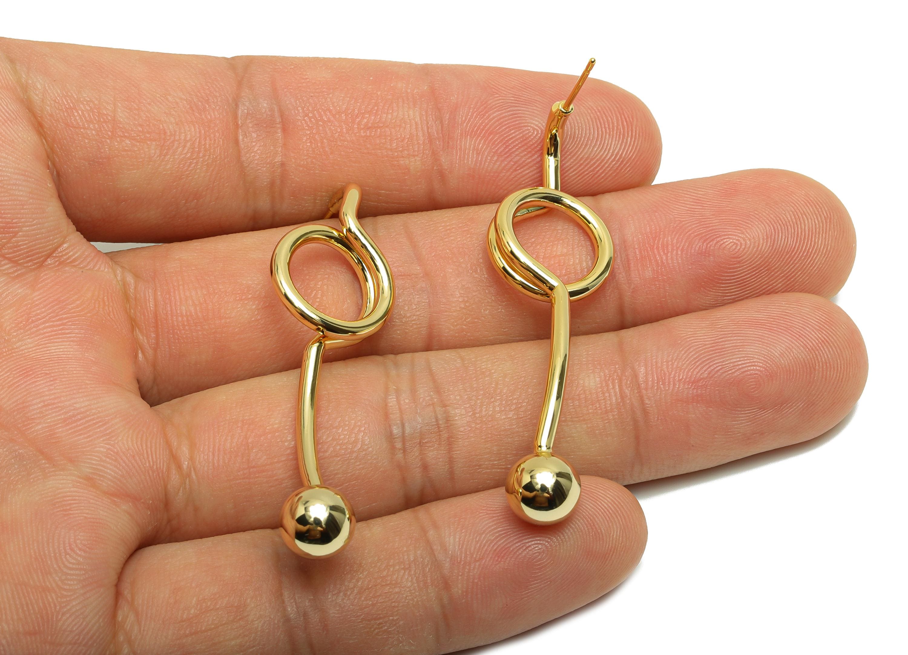 Brass Ball Circle Earring Stud - Bar Earring Post for Woman&#39;s - Gold Daily Wear Earring - 18K Real Gold Plating - 50.05x14.42x2.03mm-RGP8736 - DOMEDBAZAAR