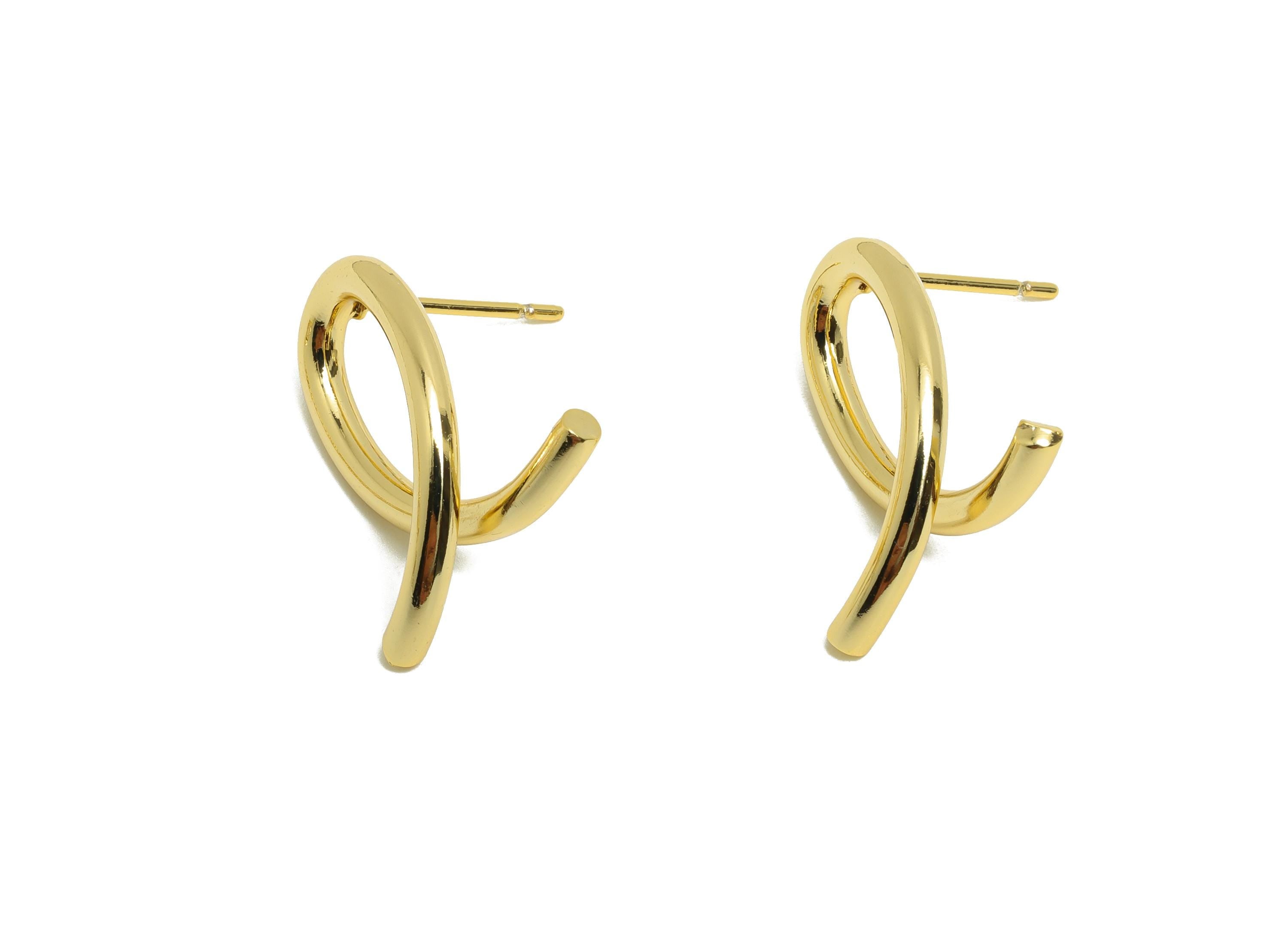 Brass Oval Earring - Twisted Oval Earring Post for Woman&#39;s - Gold Smooth Earring Stud - 18K Real Gold Plating - 19.5x15.4x2.21mm - RGP8740 - DOMEDBAZAAR