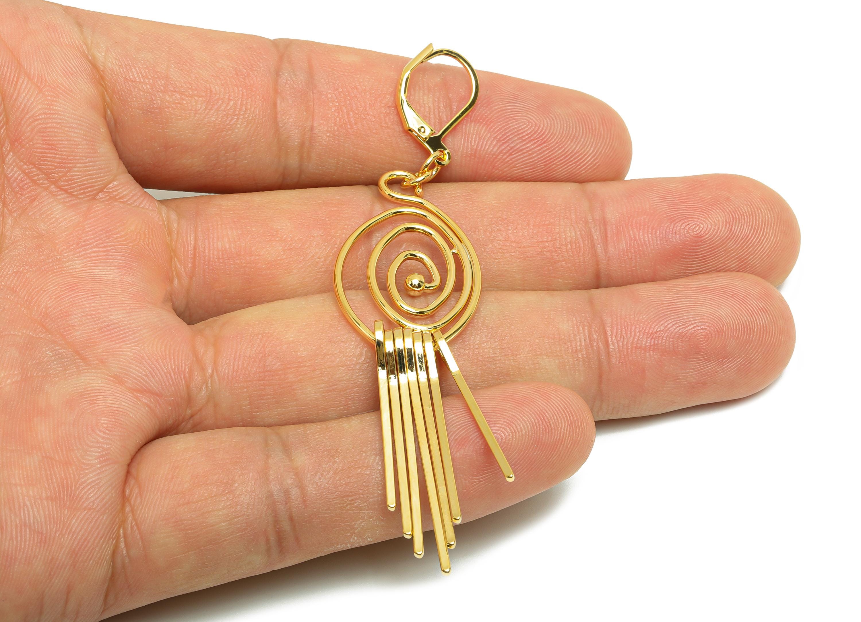 Brass Spiral Fringe Earring - Oval Laverack Earring for Woman - Gold Spiral Dangle Earring - 18K Real Gold Plating - 82x18x1.5mm - RGP8746 - DOMEDBAZAAR