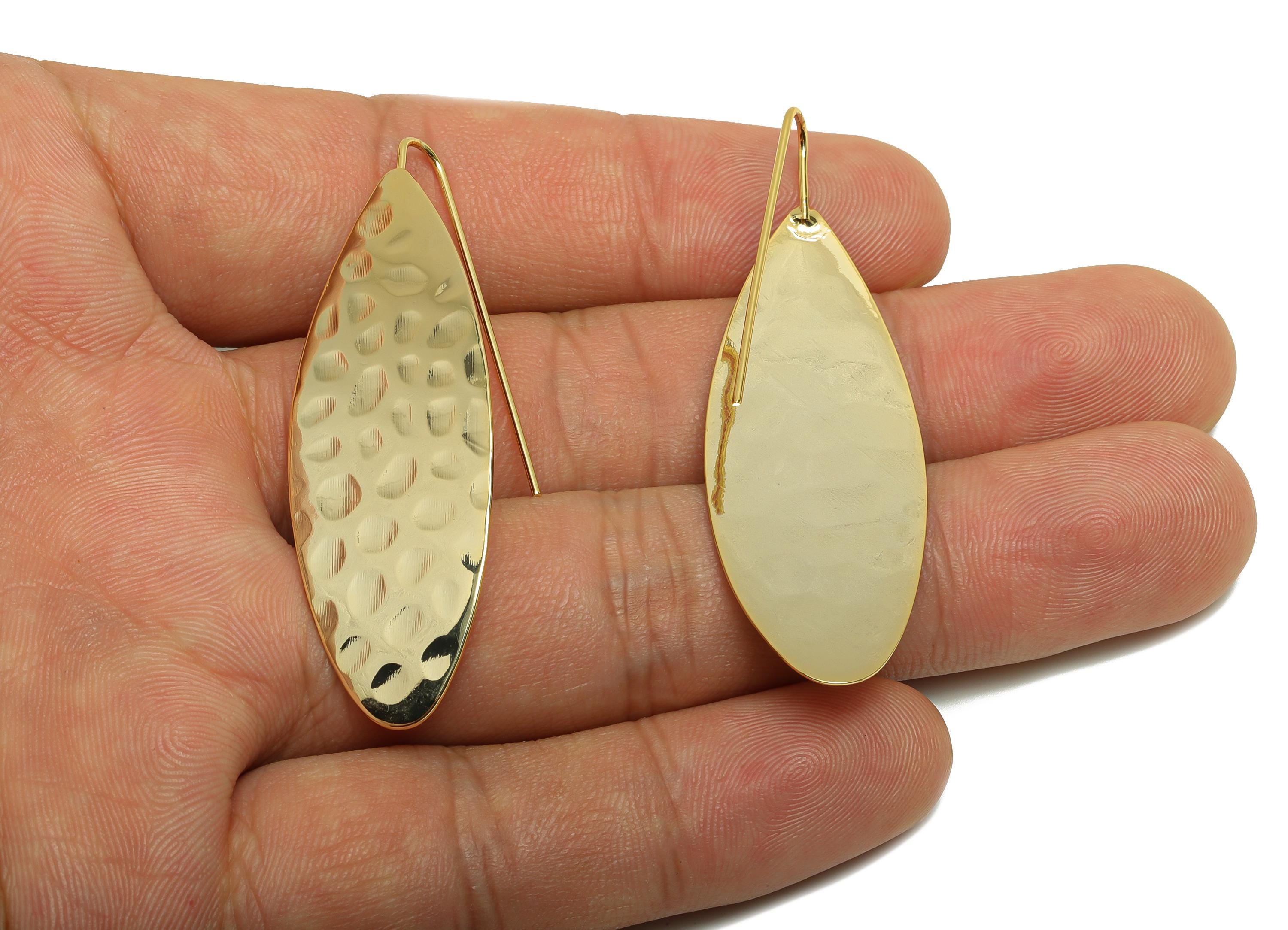 Brass Teardrop Leaf Earring - Gold Hammered Earring Wire for Woman&#39;s - Drop Leaves Ear - 18K Real Gold Plating - 45.86x17.52x0.9mm - RGP8748 - DOMEDBAZAAR