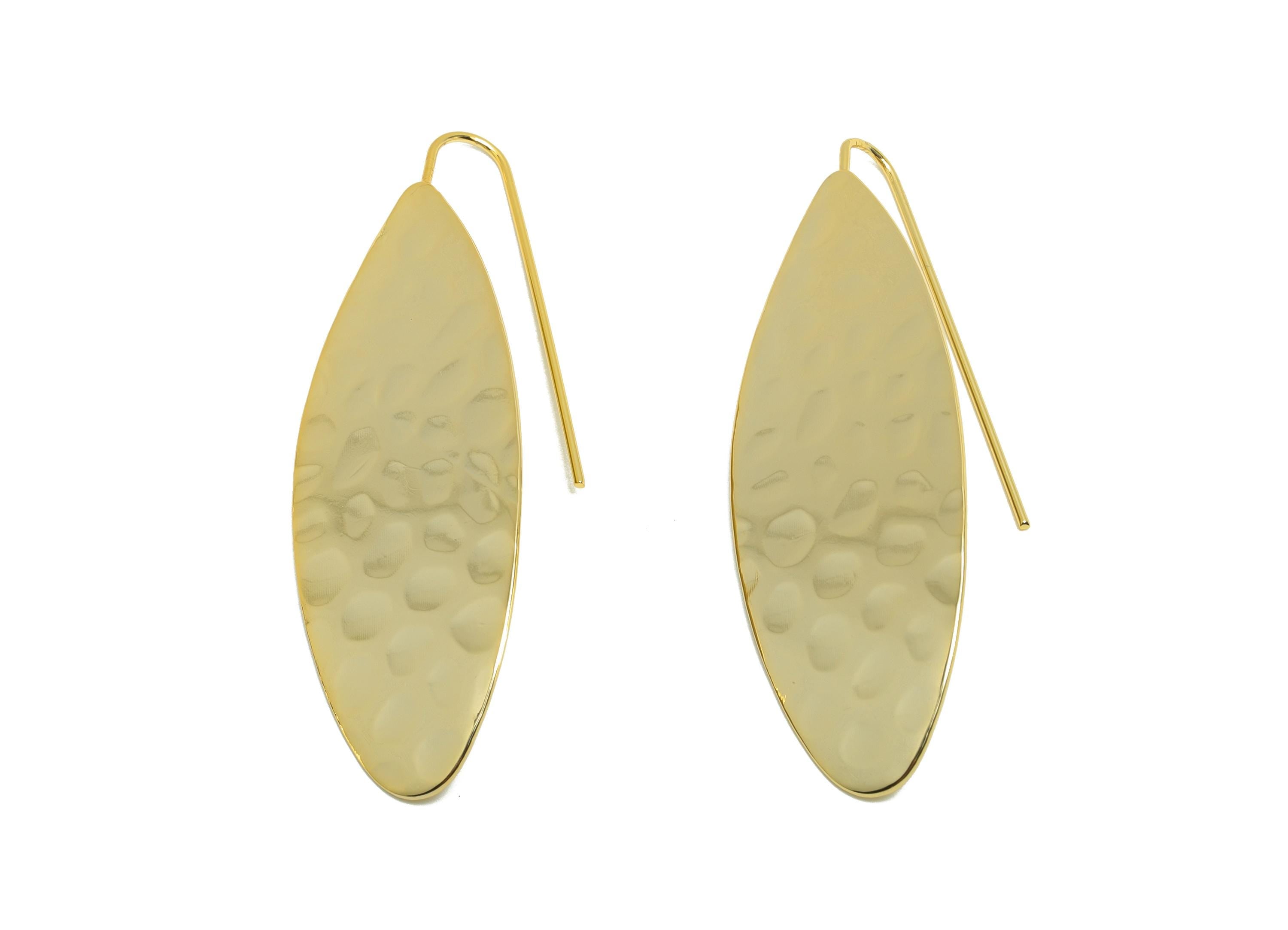 Brass Teardrop Leaf Earring - Gold Hammered Earring Wire for Woman&#39;s - Drop Leaves Ear - 18K Real Gold Plating - 45.86x17.52x0.9mm - RGP8748 - DOMEDBAZAAR