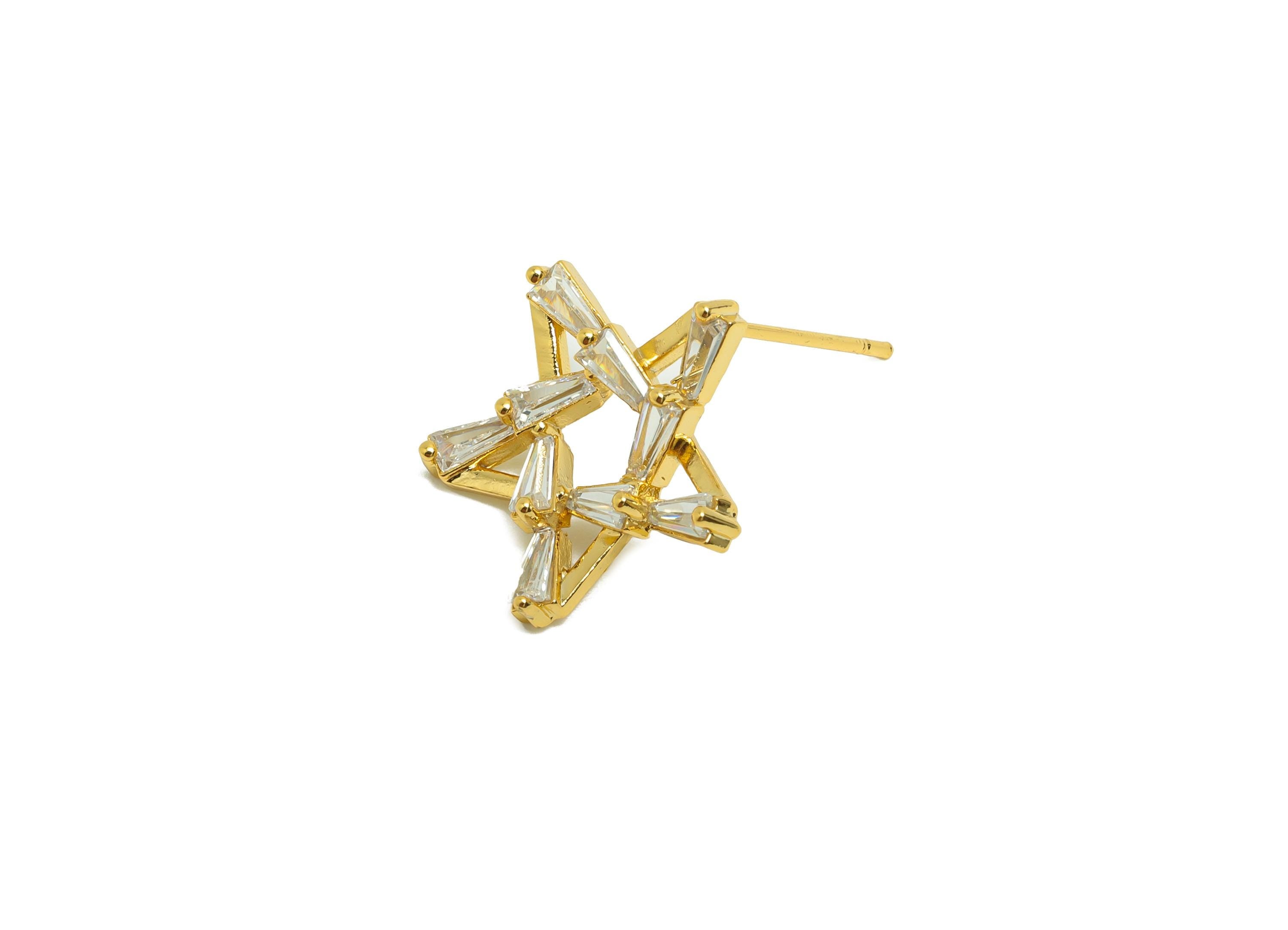 Brass Zircon Star Earring - Five-Pointed Star Earring Post for Girl - Gold CZ Earring Stud - 18K Real Gold Plating -17.5x14.3x3.5mm -RGP8749 - DOMEDBAZAAR