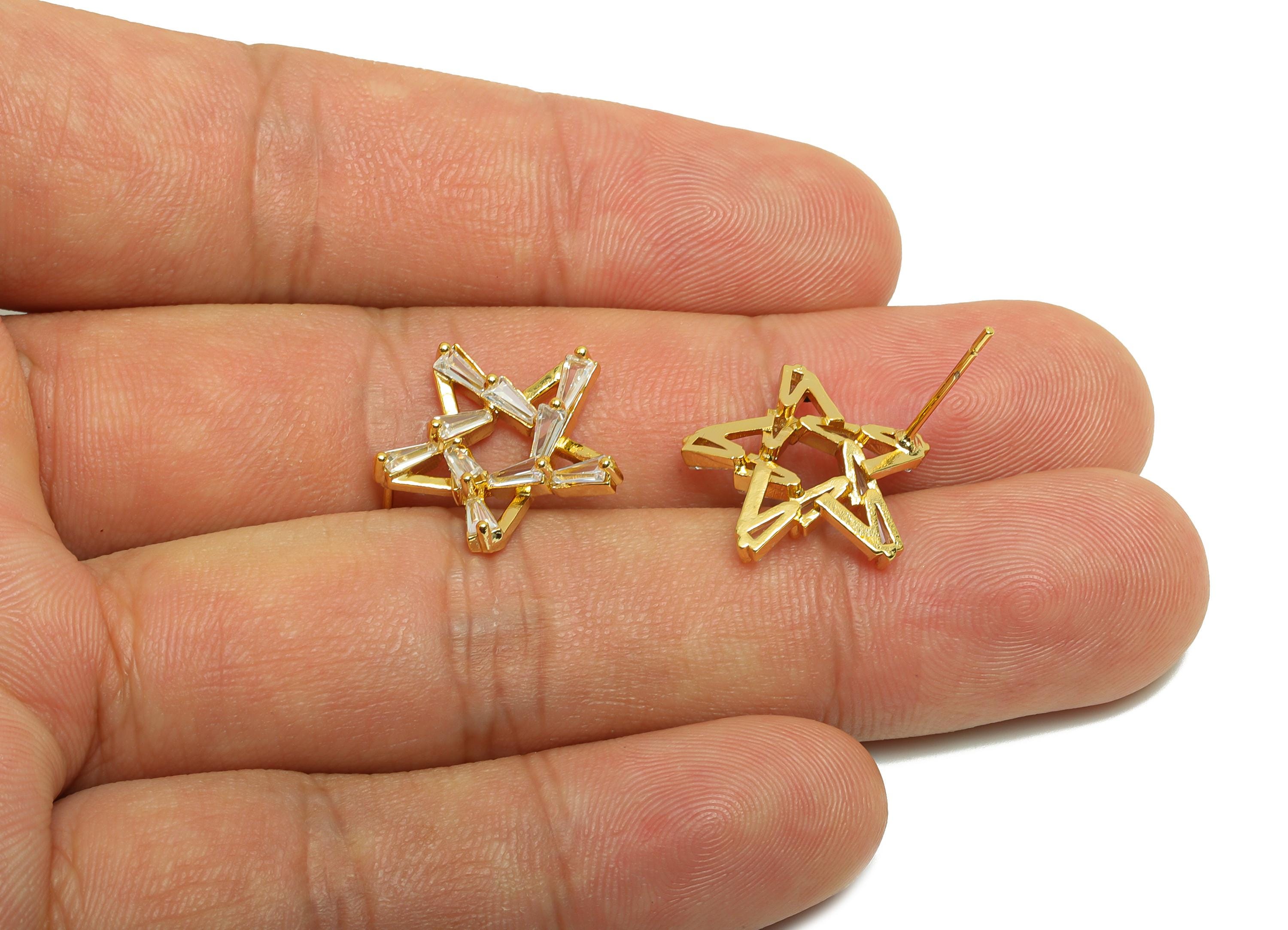 Brass Zircon Star Earring - Five-Pointed Star Earring Post for Girl - Gold CZ Earring Stud - 18K Real Gold Plating -17.5x14.3x3.5mm -RGP8749 - DOMEDBAZAAR