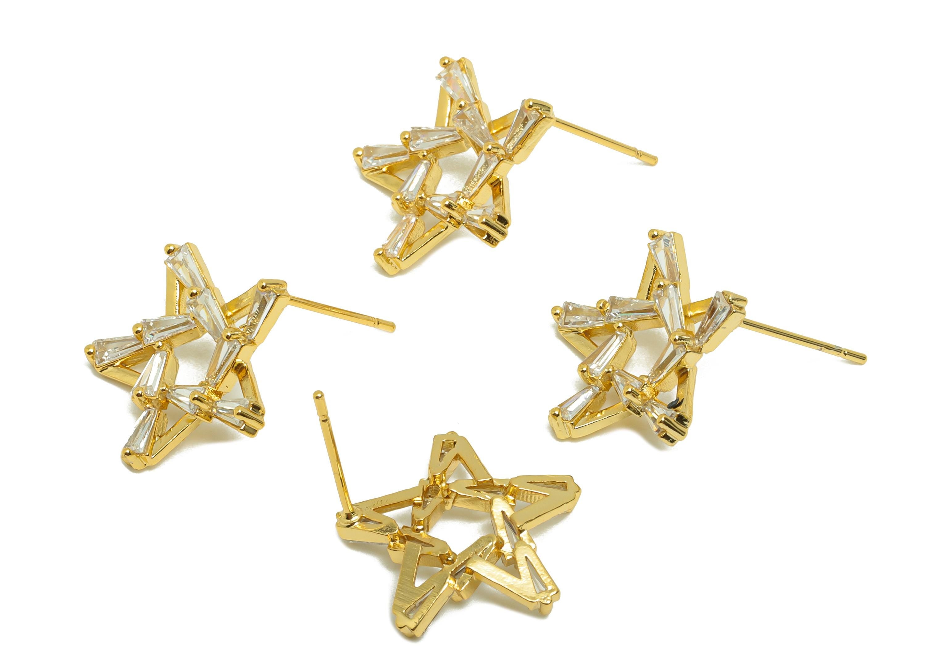 Brass Zircon Star Earring - Five-Pointed Star Earring Post for Girl - Gold CZ Earring Stud - 18K Real Gold Plating -17.5x14.3x3.5mm -RGP8749 - DOMEDBAZAAR