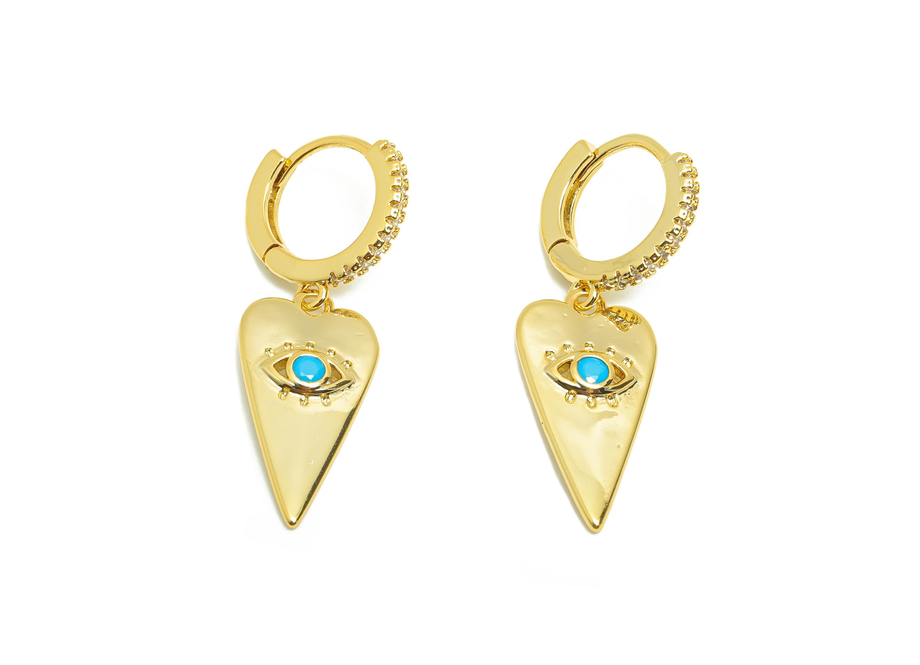 Heart Dangle Huggie Earring - Brass Hoop Earring for Girl - Gold Zircon Eye Dangle Earring - 18K Real Gold Plated-32.53x13.38x2.11mm-RGP8996 - DOMEDBAZAAR