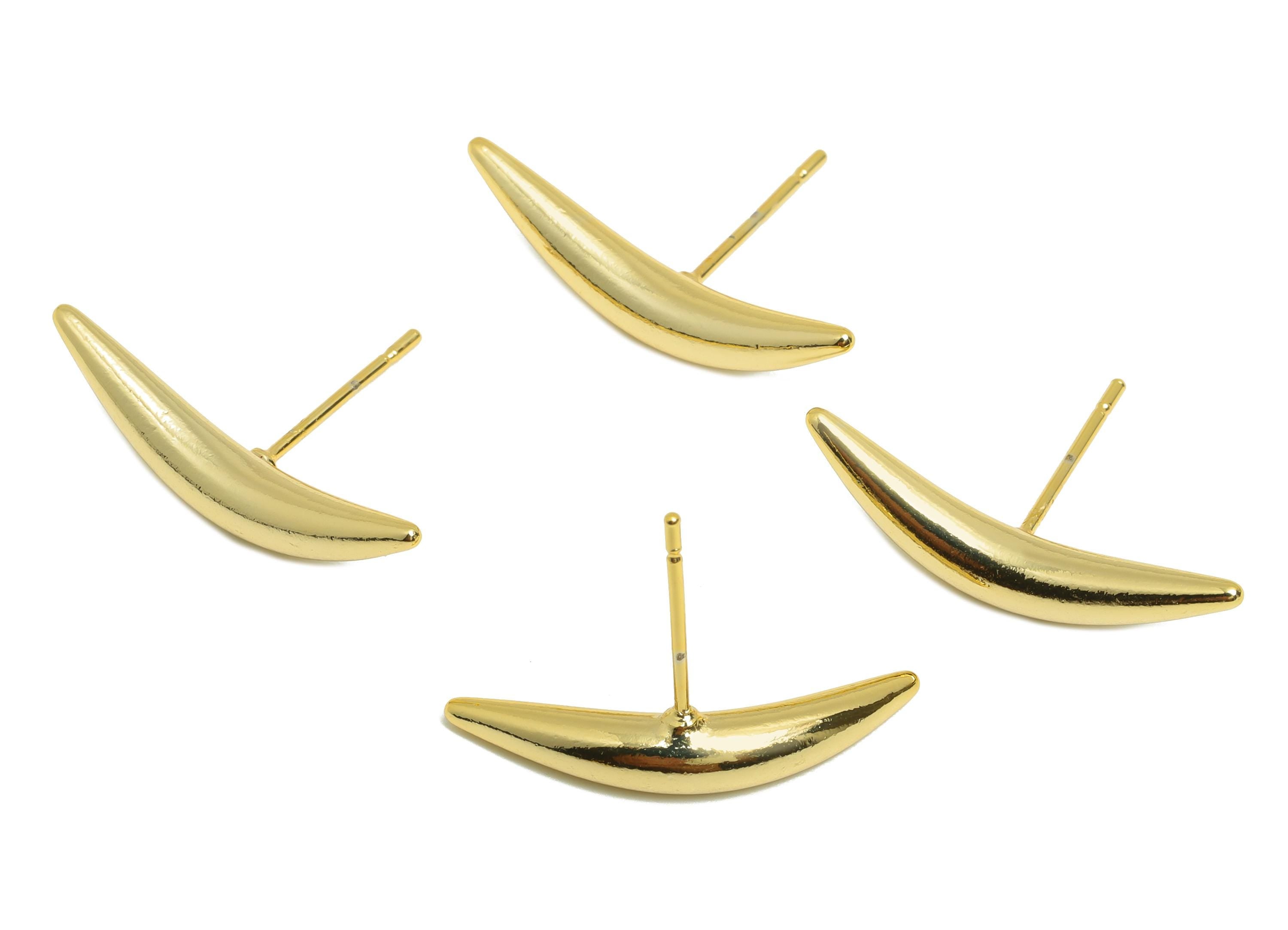 Brass Horn Earring Stud - Spikes Earring Post for Woman - Gold Curved Bar Daily Wear Ear - 18K Real Gold Plating - 23.11x4.04x3.86mm-RGP9000 - DOMEDBAZAAR