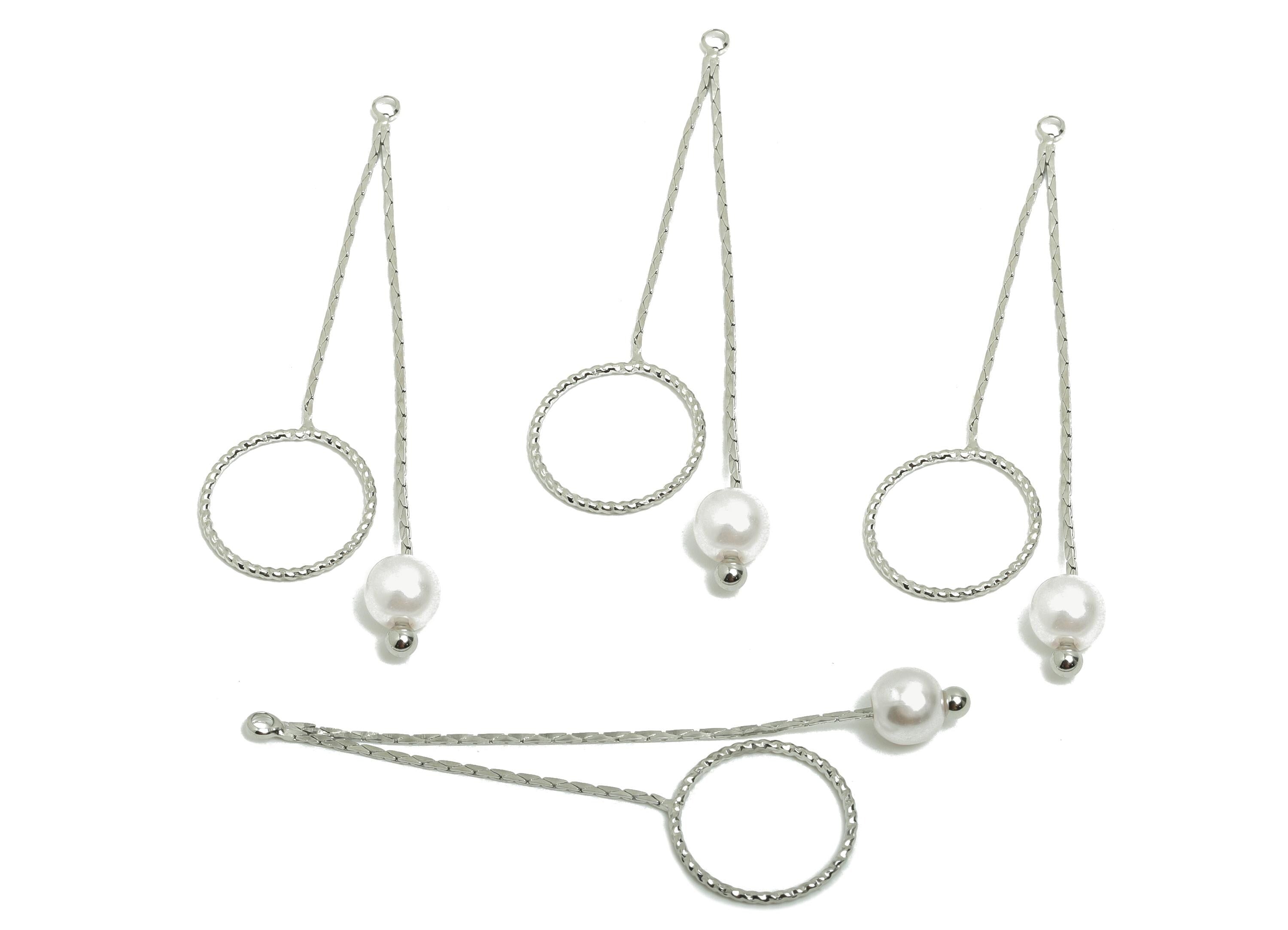 Pearl Dangle Earring Charm - Brass Drop Earring Pearl and Circle Charm - Unique Silver Earring Pearl Textured Circle - 48x19x1mm - RGP10005 - DOMEDBAZAAR