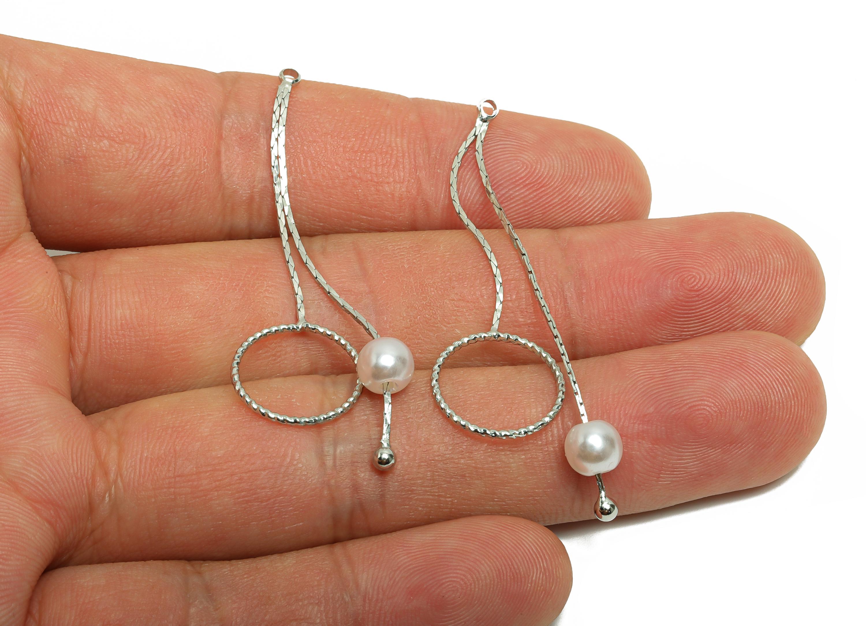 Pearl Dangle Earring Charm - Brass Drop Earring Pearl and Circle Charm - Unique Silver Earring Pearl Textured Circle - 48x19x1mm - RGP10005 - DOMEDBAZAAR