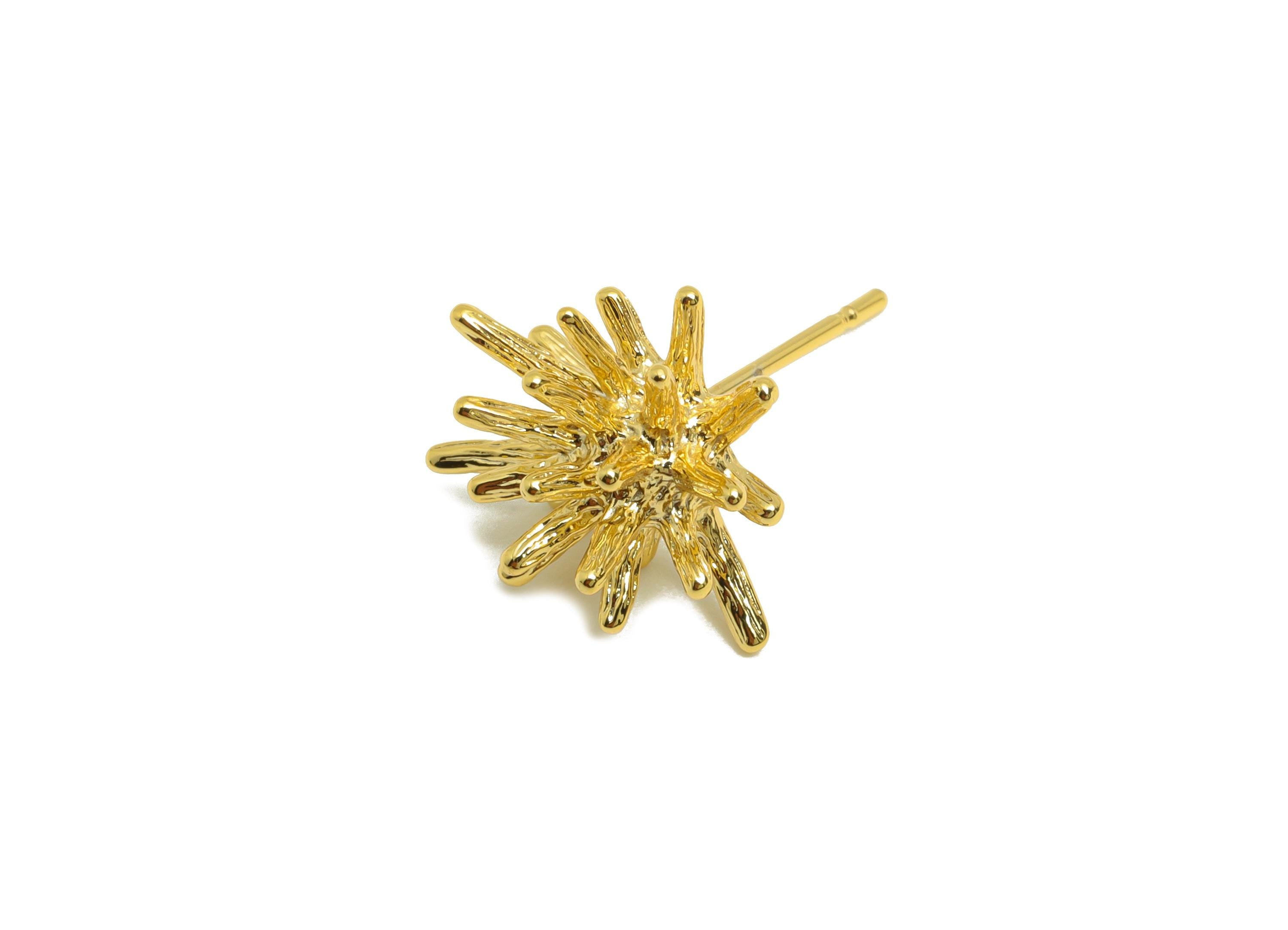 Brass Spikes Earring - Sea Urchin Earring Stud for Women - Gold Textured Earring Post - 18K Real Gold Plating - 12.21x7.13x1.25mm - RGP9003 - DOMEDBAZAAR