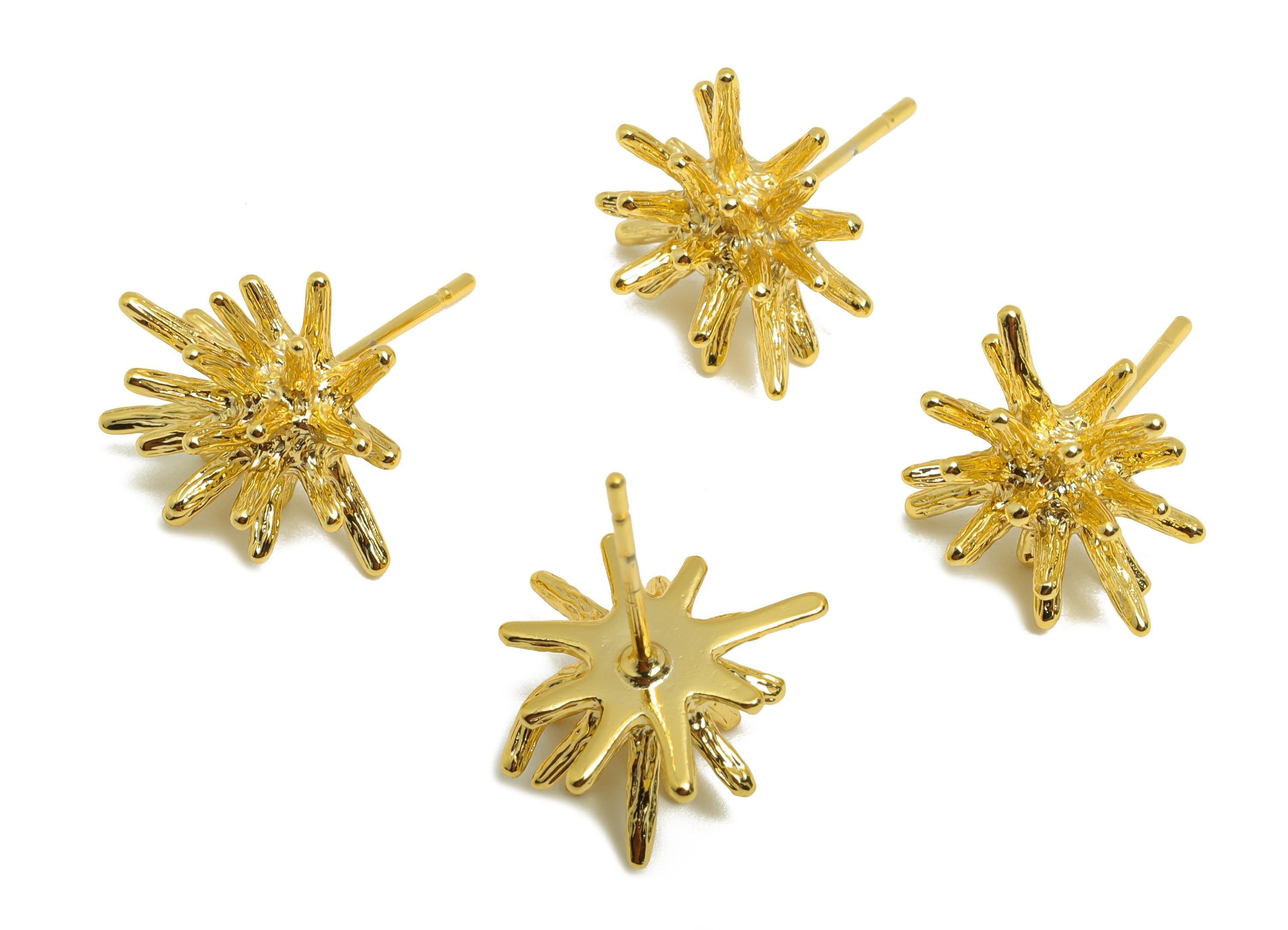 Brass Spikes Earring - Sea Urchin Earring Stud for Women - Gold Textured Earring Post - 18K Real Gold Plating - 12.21x7.13x1.25mm - RGP9003 - DOMEDBAZAAR
