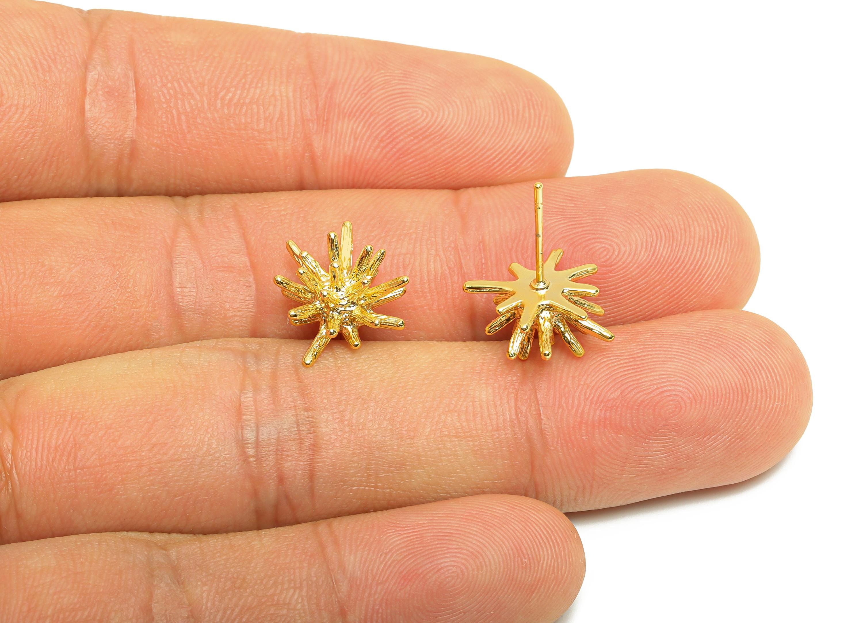 Brass Spikes Earring - Sea Urchin Earring Stud for Women - Gold Textured Earring Post - 18K Real Gold Plating - 12.21x7.13x1.25mm - RGP9003 - DOMEDBAZAAR