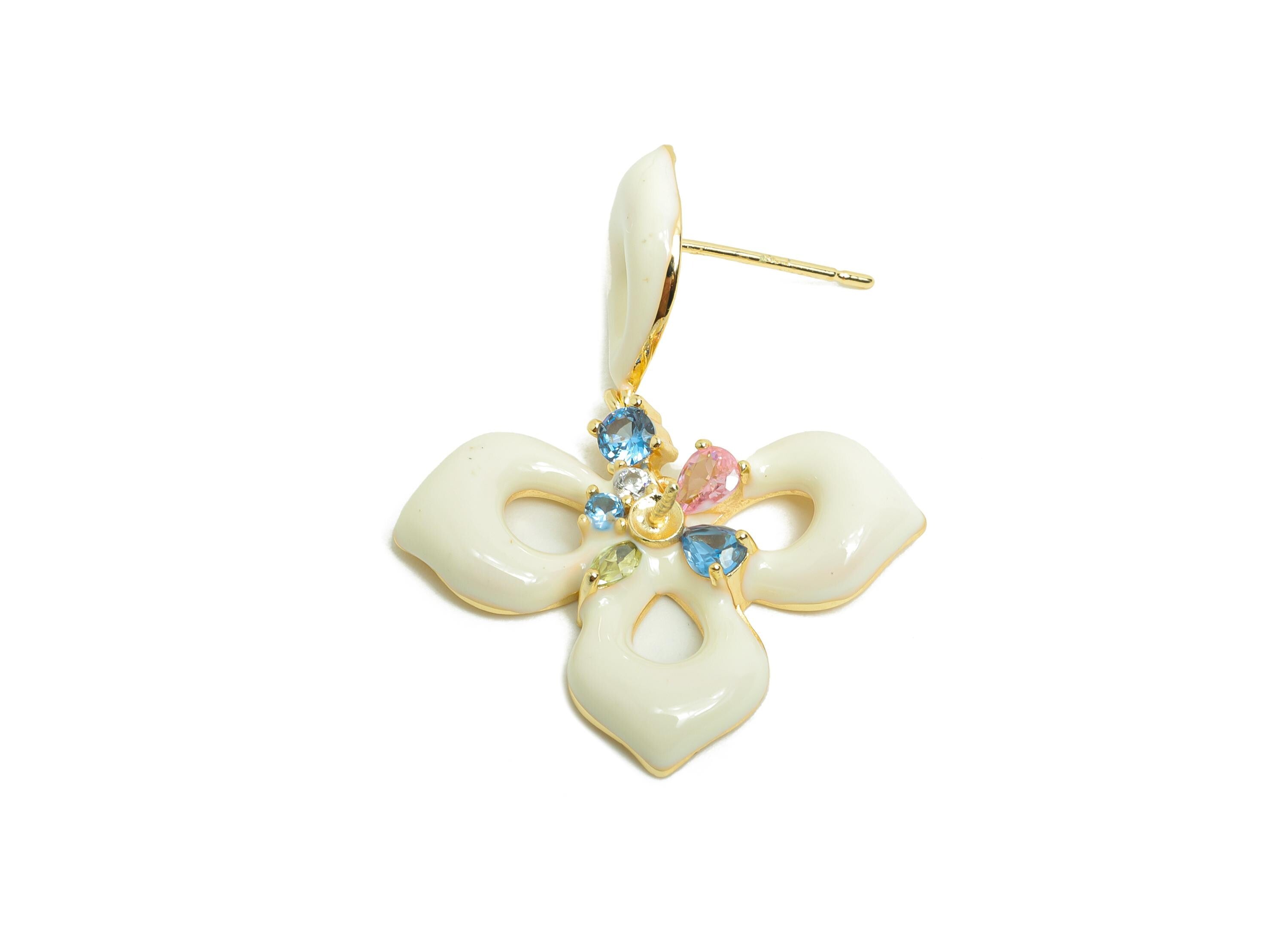 Bold Enamel Floral Earring - Zircon Enamel Earring Post - Fashionable Floral Drop Earring Crystals - Artistic Earring  - 35x26x4mm - RGP9972 - DOMEDBAZAAR