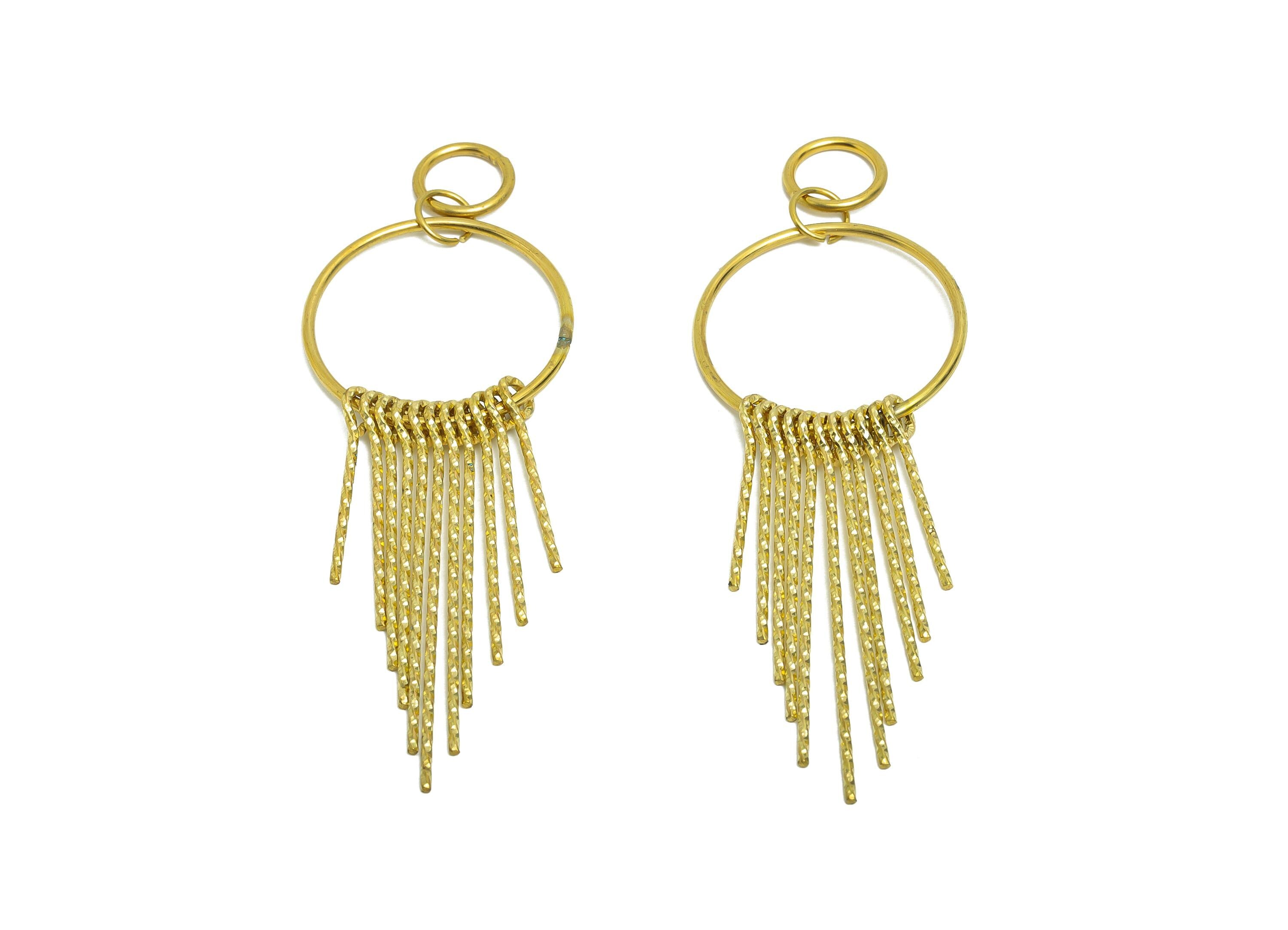 Dangle Tassel Earring Charm - Raw Brass Boho Textured Tassel Wire Charm - Layered Fringe for Bold Look Earring Charm - 90x30x5mm - PP10834 - DOMEDBAZAAR