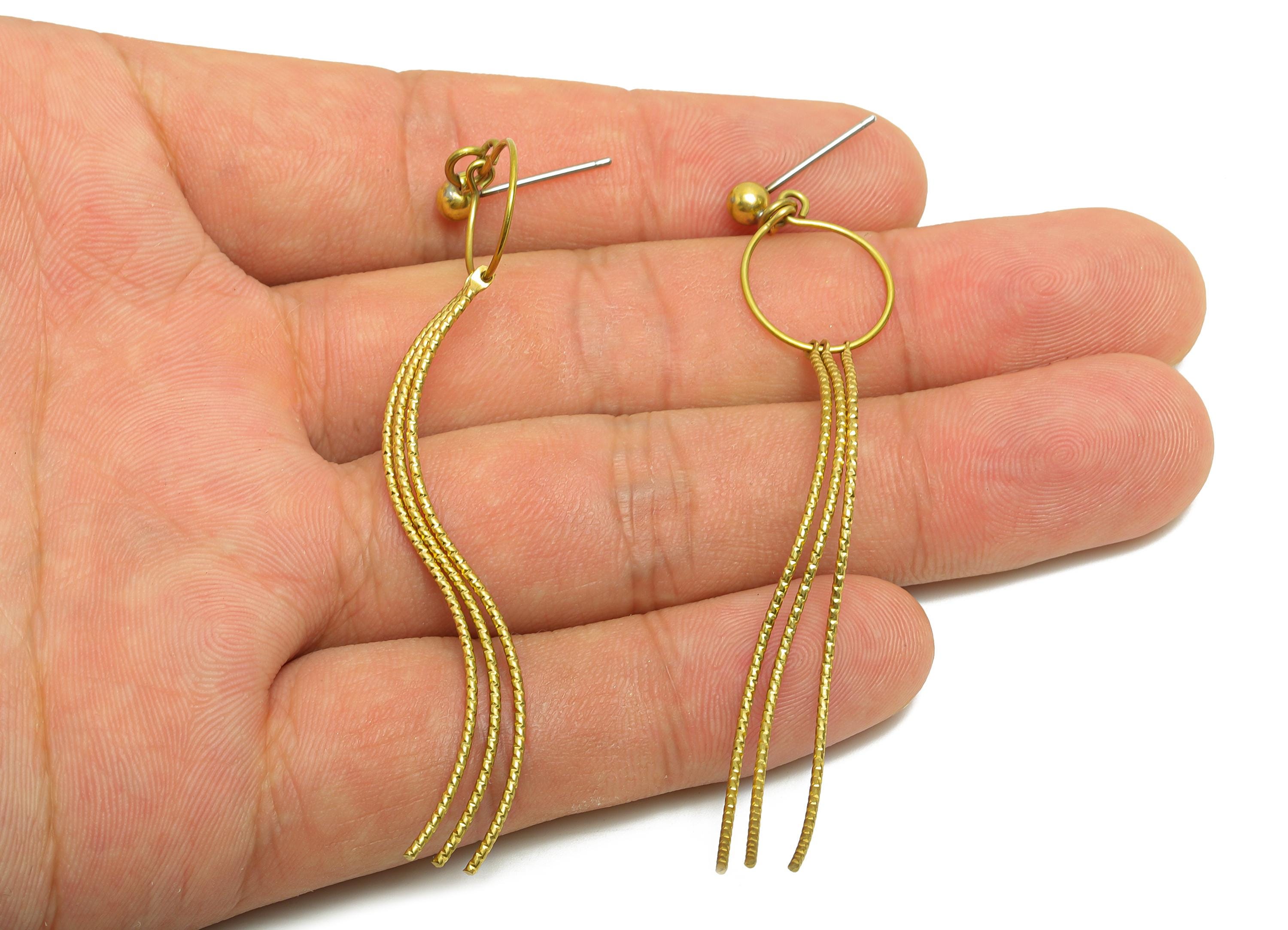 Dangle Tassel Earring Stud - Raw Brass Boho Textured Tassel Wavy Wire Post - Layered Fringe Earring for Bold Look Post - 75x13x4mm - PP10832 - DOMEDBAZAAR