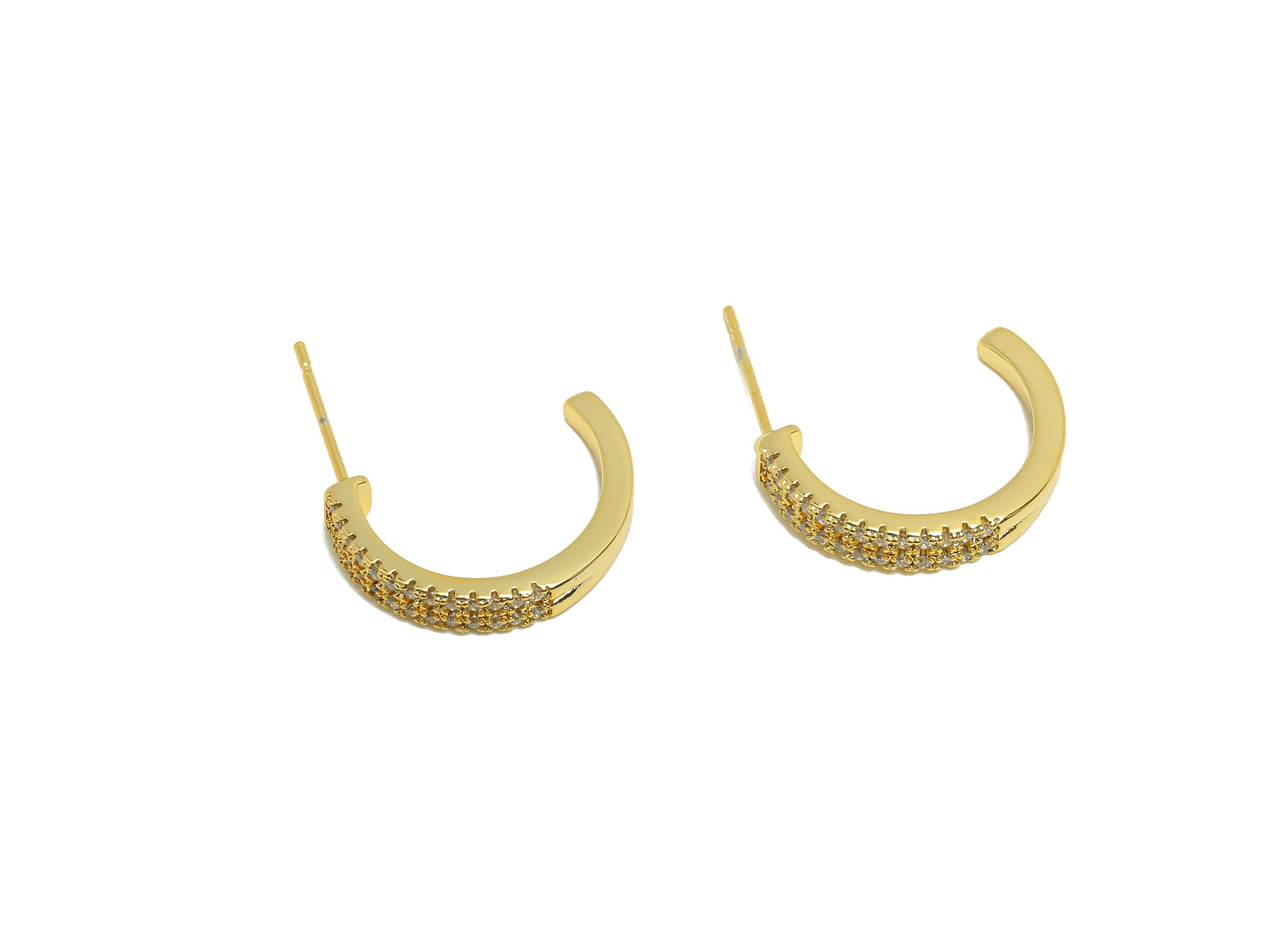 Brass C Hoop Earring Stud - Gold Cubic Zircon Earring for Woman&#39;s - Semicircle Earring Post - 18K Real Gold Plating - 25x20x3.6mm - RGP8751 - DOMEDBAZAAR