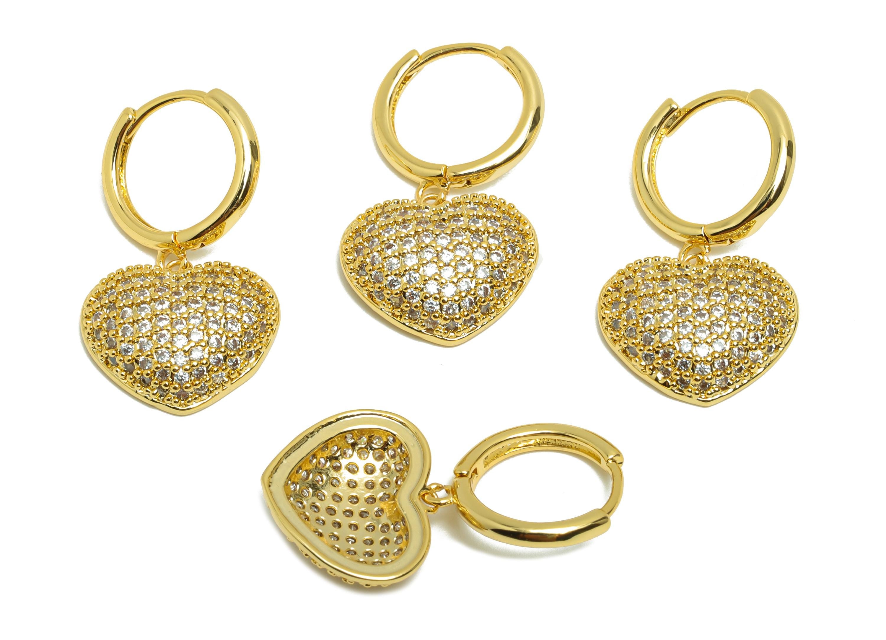 Brass Heart Dangle Earring - Zircon Huggie Earring for Woman - Gold Ear for Valentine&#39;s Day - 18K Real Gold Plating - 29x16x4.8mm - RGP8753 - DOMEDBAZAAR