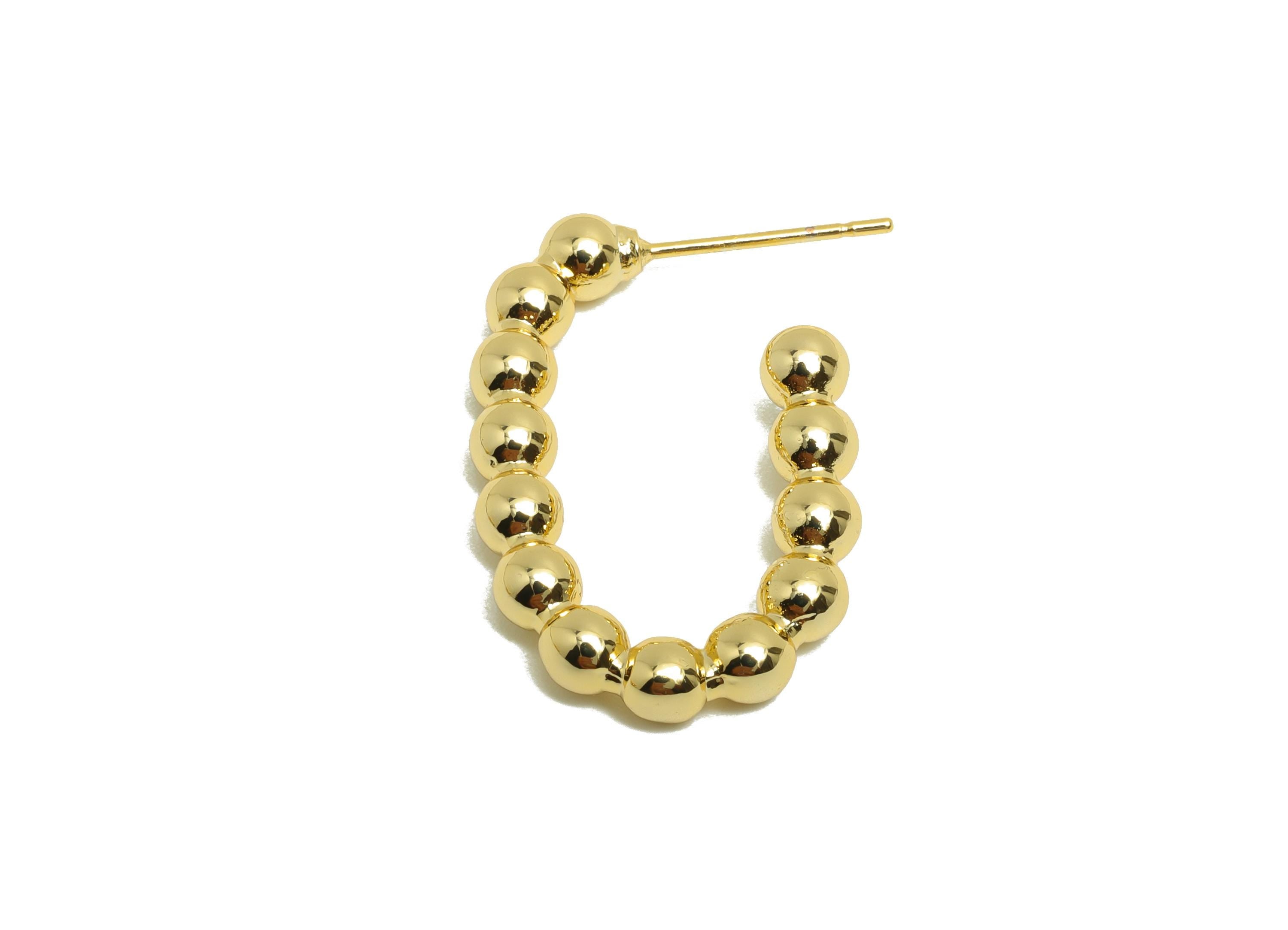 Brass Ball C Hoop Earring - Gold Oval Beads Earring Stud for Woman&#39;s - Open Oval Earring Post - 18K Real Gold Plated -27x17.6x3.9mm- RGP8754 - DOMEDBAZAAR