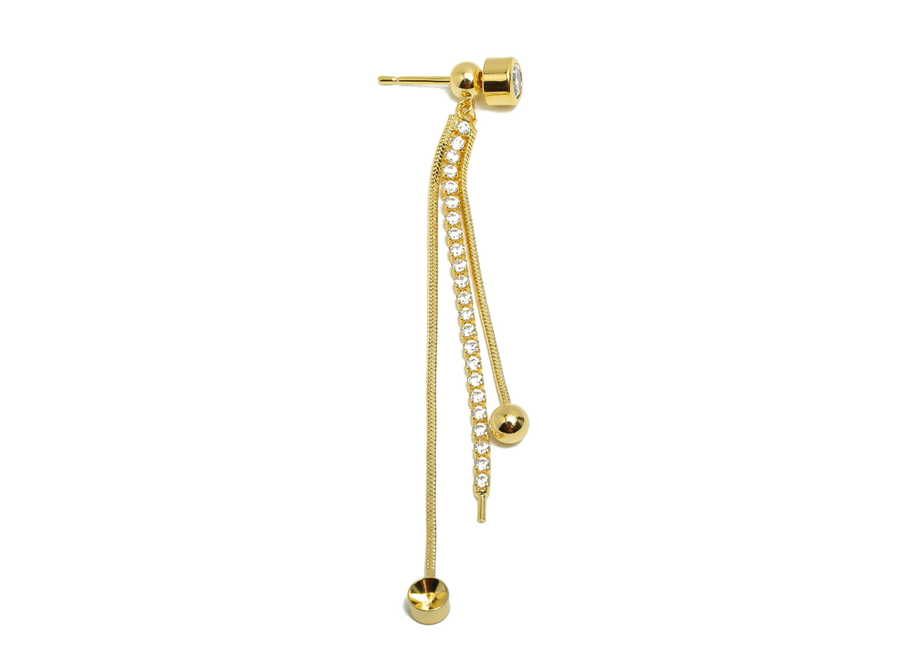 Brass Round Earring Stud - Zircon Chain Tassel Ear Stopper for Woman&#39;s - Gold Dangle Earring - 18K Real Gold Plating - 67x5x3.5mm - RGP8767 - DOMEDBAZAAR