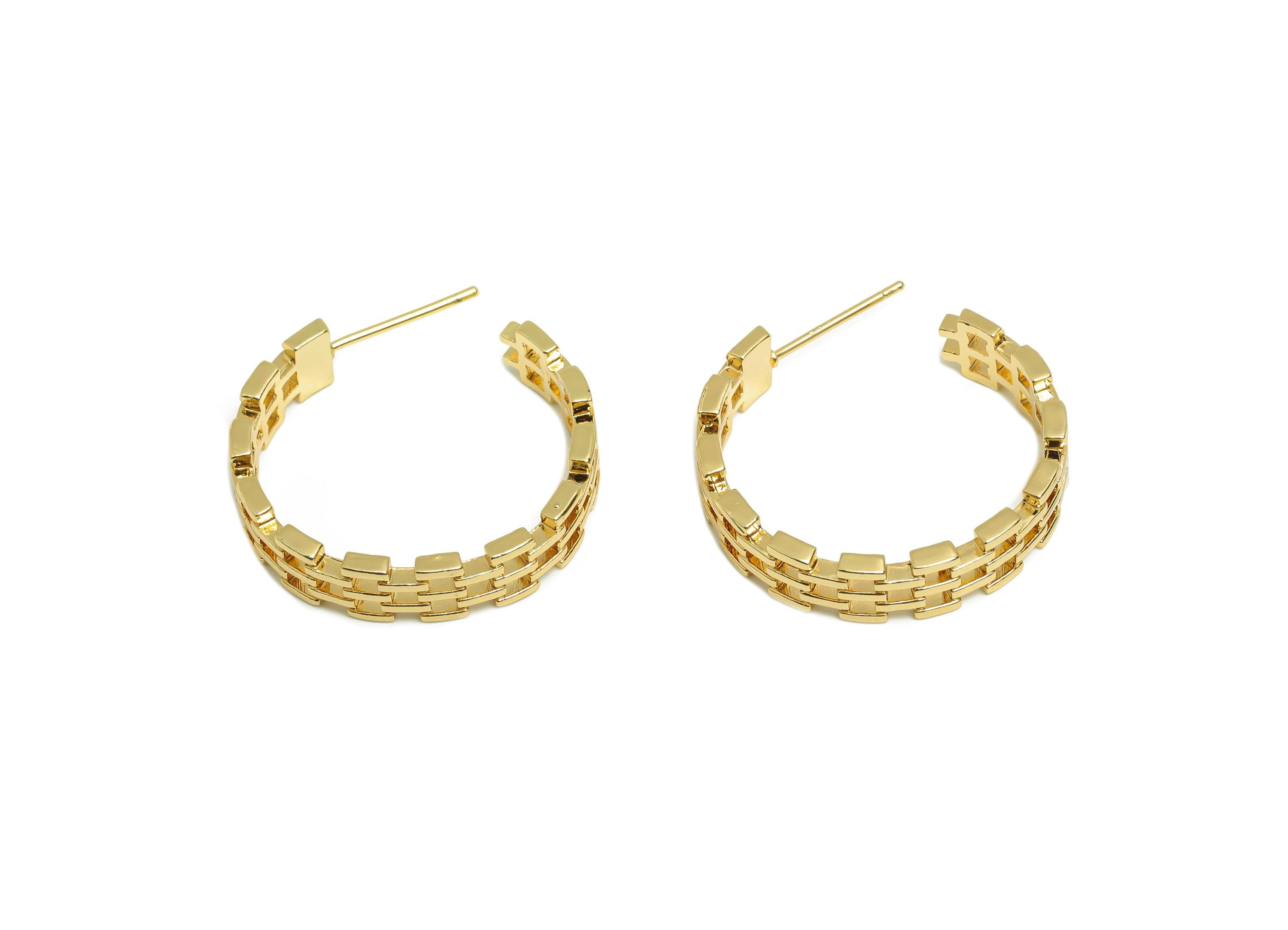 Brass Fence Earring Stud - Gold Minimalist C Hoop Earring Post - Circle Daily Wear Ear - 18K Real Gold Plating - 24.43x23.9x1.84mm - RGP9019 - DOMEDBAZAAR