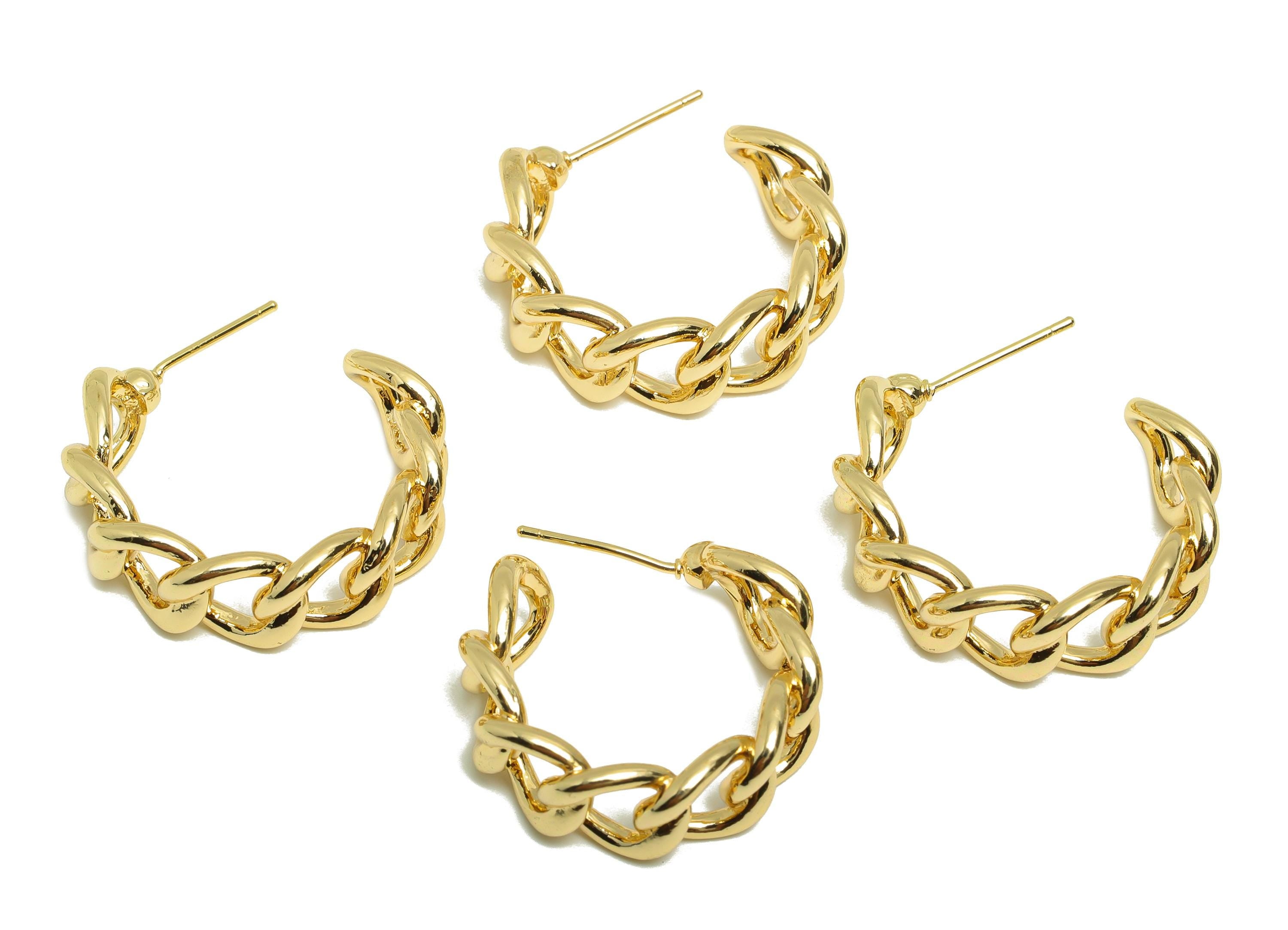 Brass C Hoop Chain Earring - Gold Cube Chain Earring Post - Circle Daily Wear Ear Stud - 18K Real Gold Plated - 26.71x25.72x3.58mm - RGP9022 - DOMEDBAZAAR