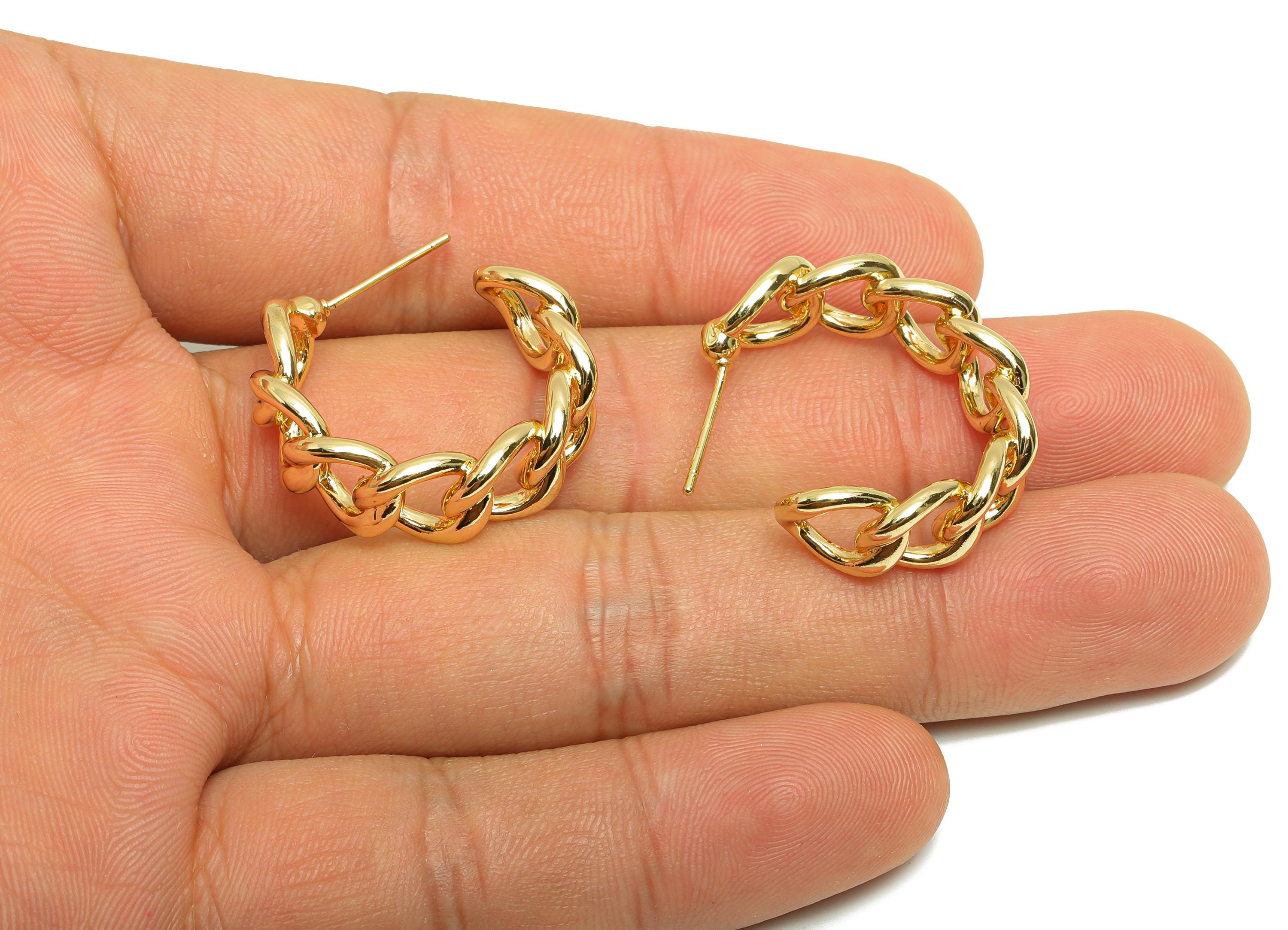 Brass C Hoop Chain Earring - Gold Cube Chain Earring Post - Circle Daily Wear Ear Stud - 18K Real Gold Plated - 26.71x25.72x3.58mm - RGP9022 - DOMEDBAZAAR