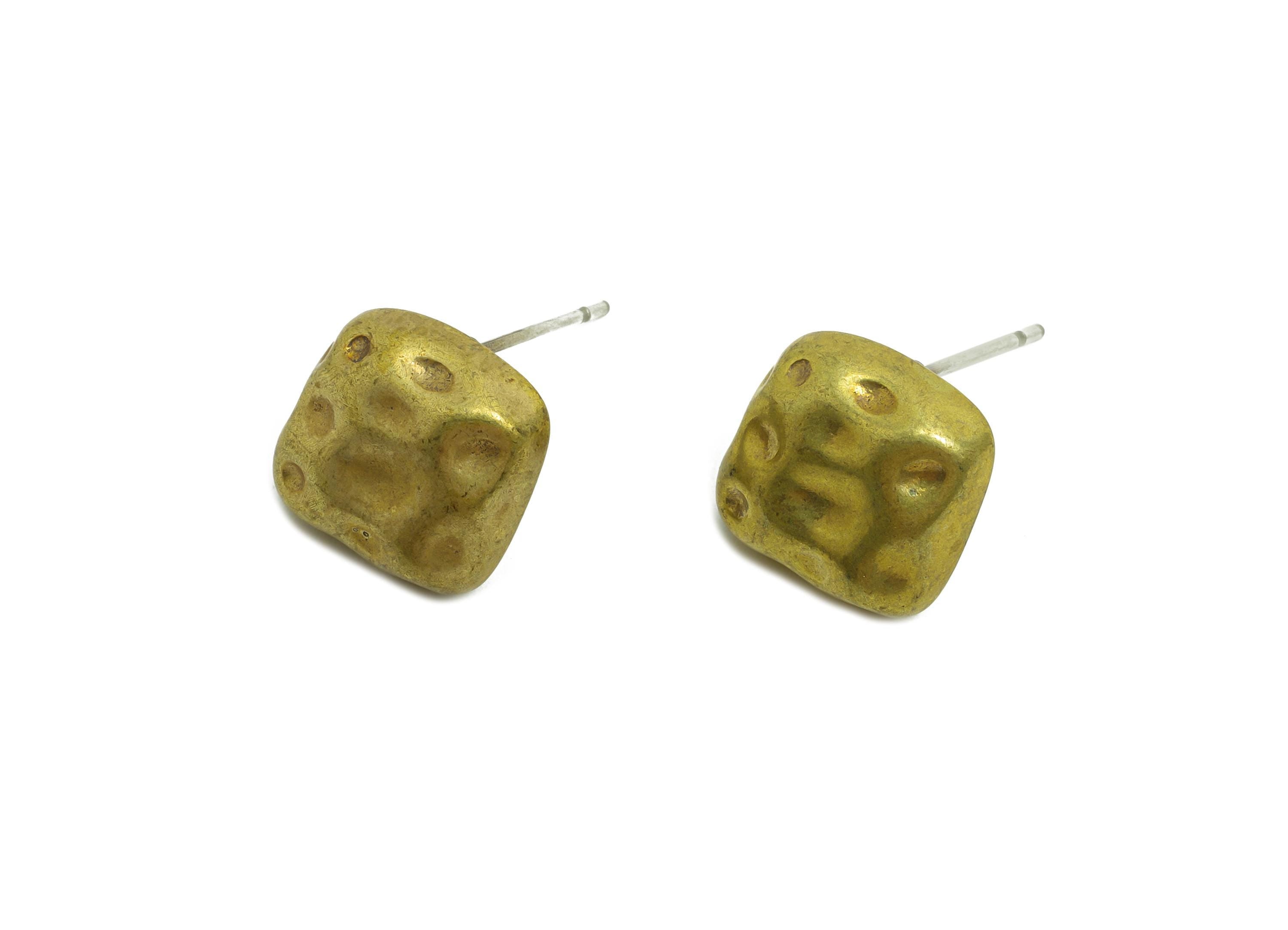 Vintage Brass Square Stud Earring - Raw Brass Textured Handcrafted Geometry Earring Post - Brass Artisan Jewelry - 11.9x11.38x4mm - PP10827 - DOMEDBAZAAR