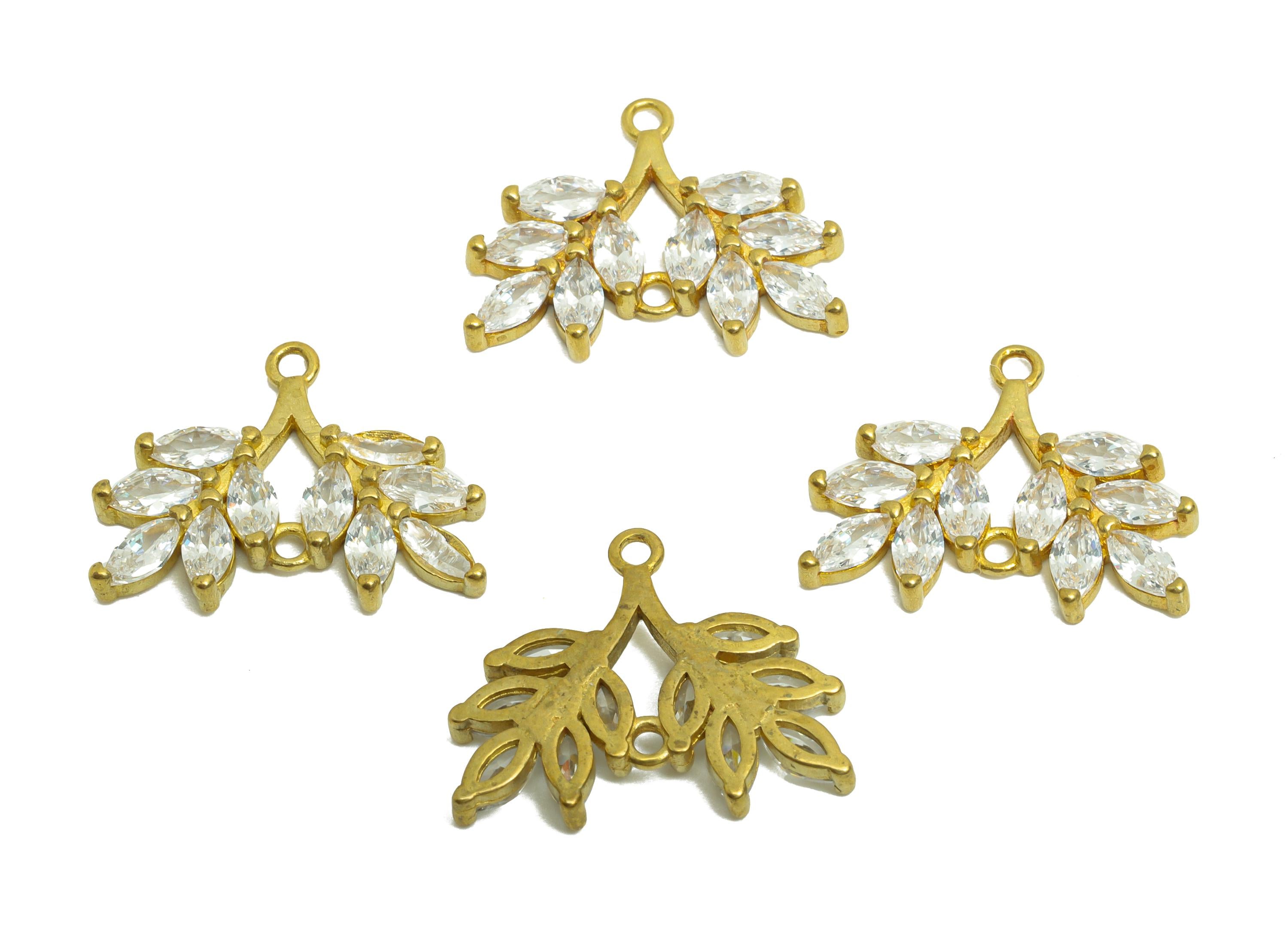 Brass Leaf Earring Charm - Raw Brass Zircon Botanical Pendant - Brass Sparkling White Marquise - Elegant Jewelry - 19.2x15.5x2.6mm - PP10840 - DOMEDBAZAAR
