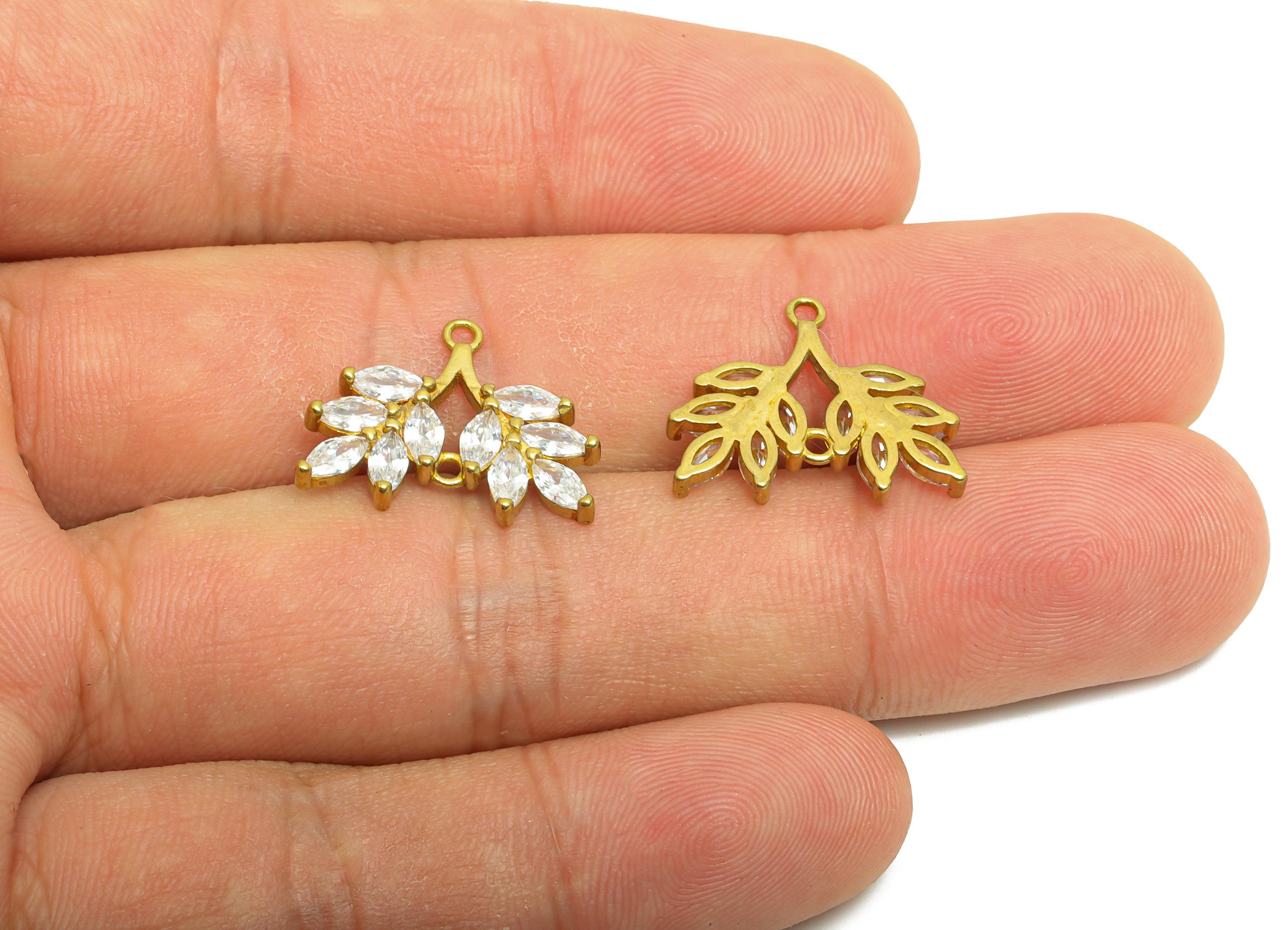 Brass Leaf Earring Charm - Raw Brass Zircon Botanical Pendant - Brass Sparkling White Marquise - Elegant Jewelry - 19.2x15.5x2.6mm - PP10840 - DOMEDBAZAAR
