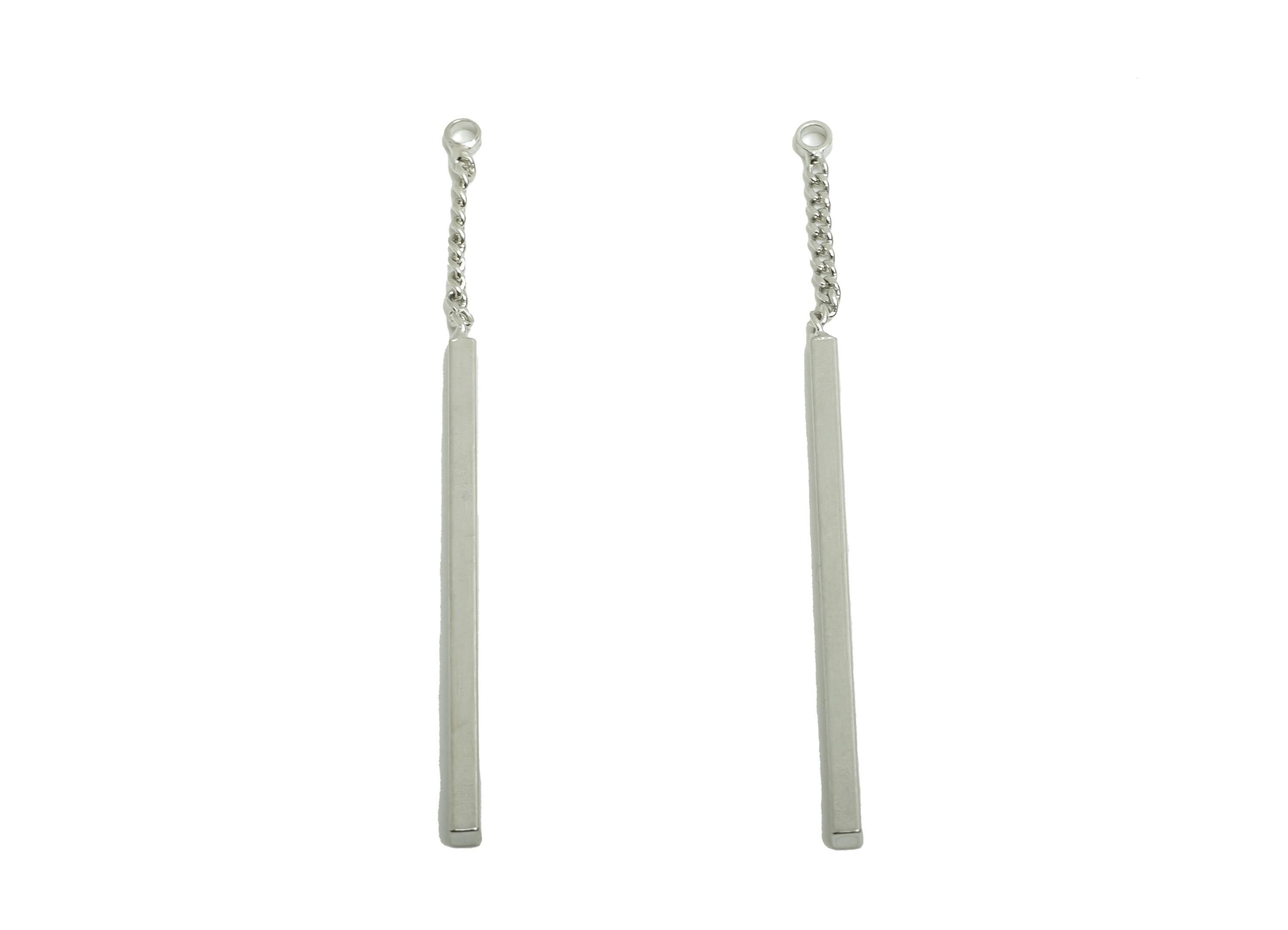 Stick Earring Charm - Brass Minimalist Silver Stick Pendant - Long Bar Charm Chain Loop - For Necklace Crafting - 44x1.56x1.5mm - RGP10123 - DOMEDBAZAAR