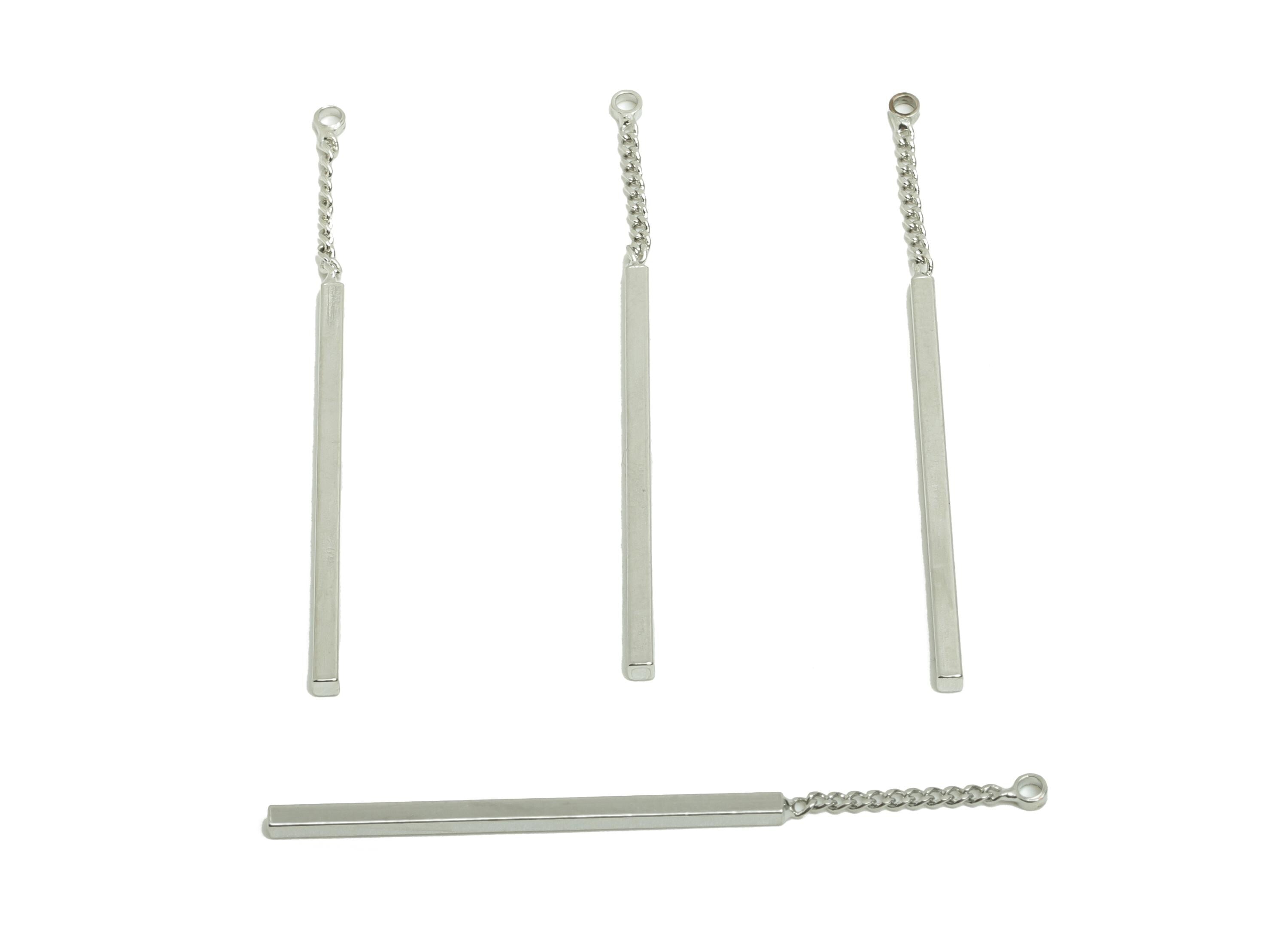 Stick Earring Charm - Brass Minimalist Silver Stick Pendant - Long Bar Charm Chain Loop - For Necklace Crafting - 44x1.56x1.5mm - RGP10123 - DOMEDBAZAAR