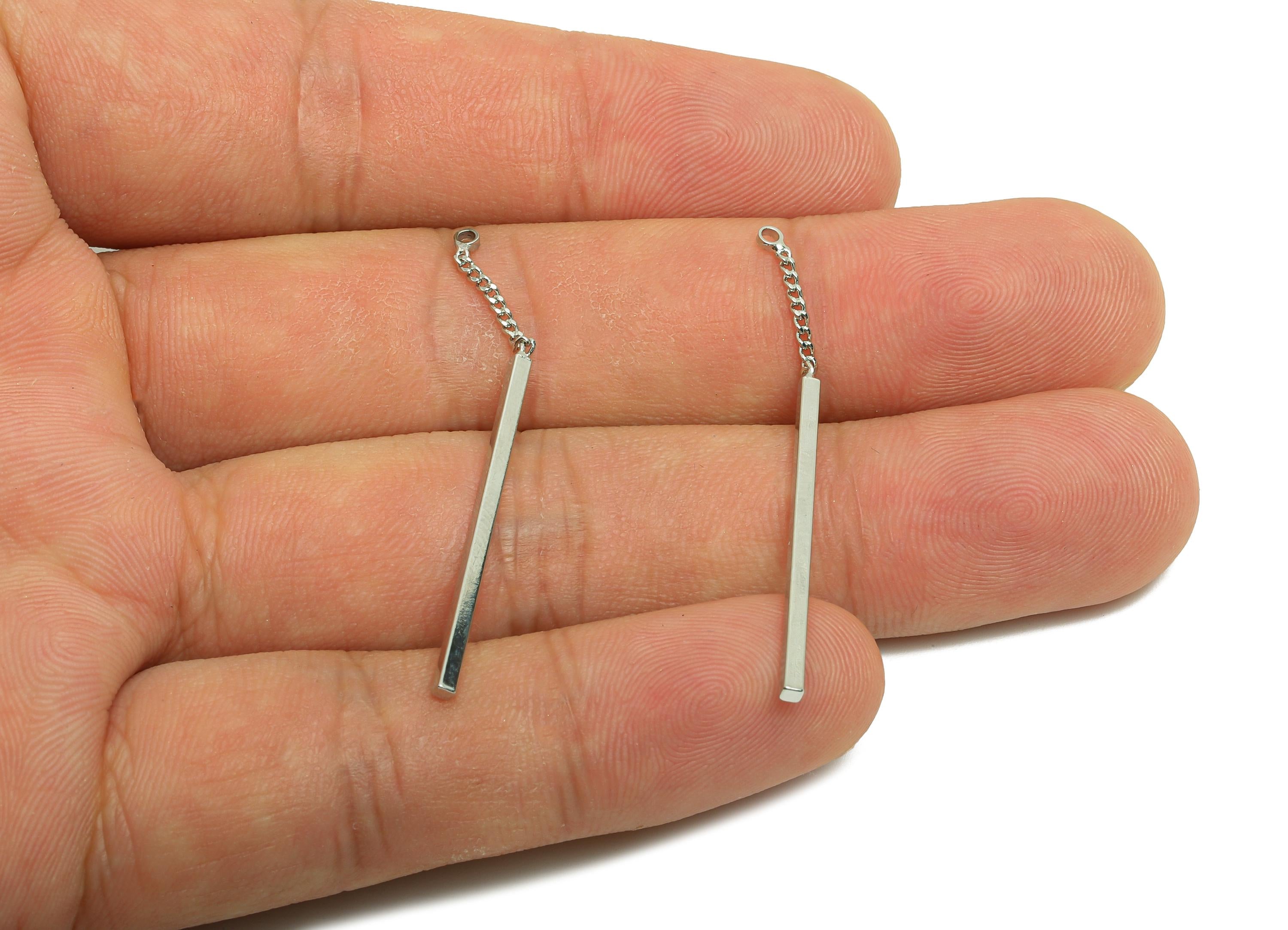 Stick Earring Charm - Brass Minimalist Silver Stick Pendant - Long Bar Charm Chain Loop - For Necklace Crafting - 44x1.56x1.5mm - RGP10123 - DOMEDBAZAAR