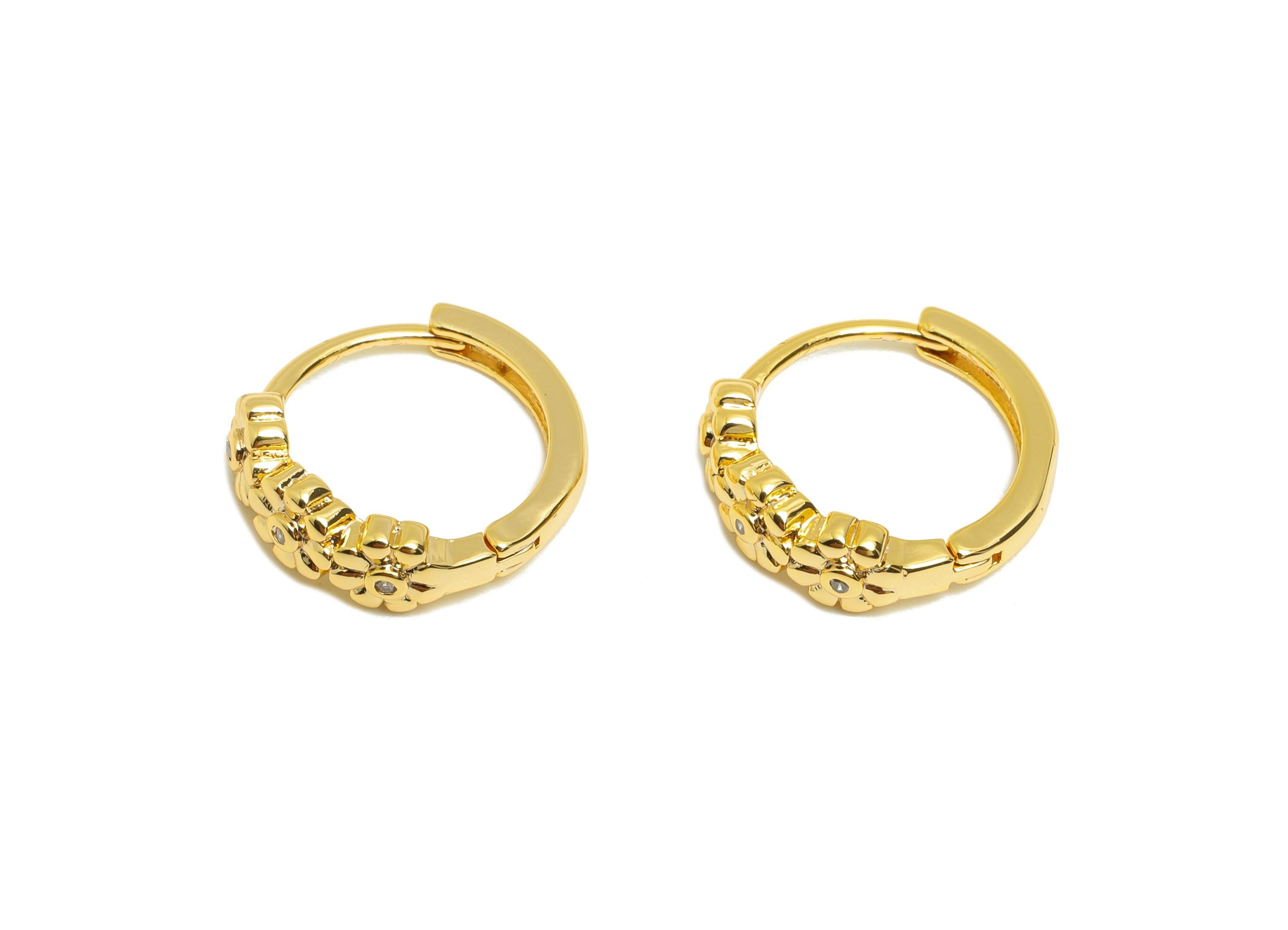Brass Flower Huggie Earring - Gold Zircon Hoop Earring for Girls - Daily Wear Hoop Ear - 18K Real Gold Plated - 14.54x13.29x1.77mm - RGP9033 - DOMEDBAZAAR