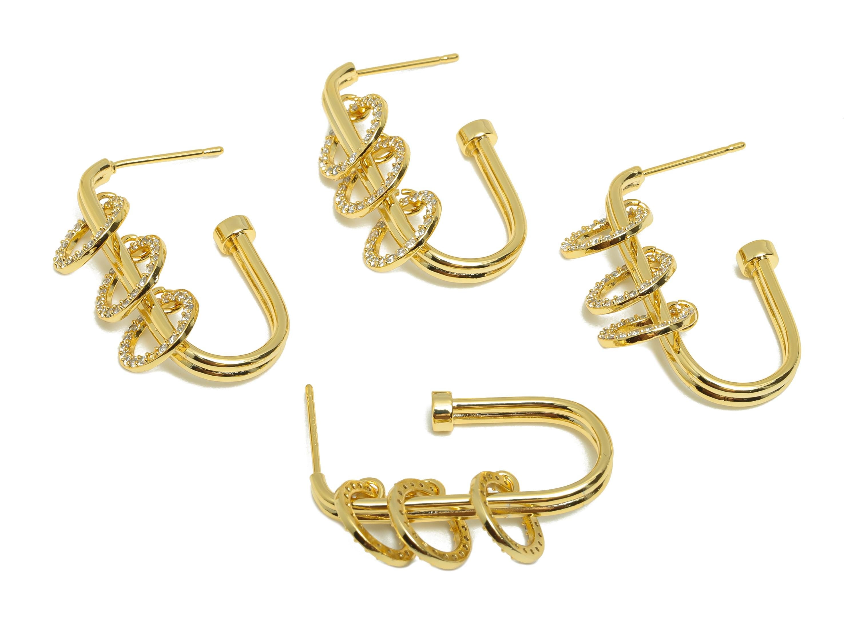 Brass Rectangle Earring - Zircon Dangle Hoop Earring Stud - Gold Rectangle Earring Post - 18K Real Gold Plating -28.55x16.36x1.39mm- RGP9036 - DOMEDBAZAAR