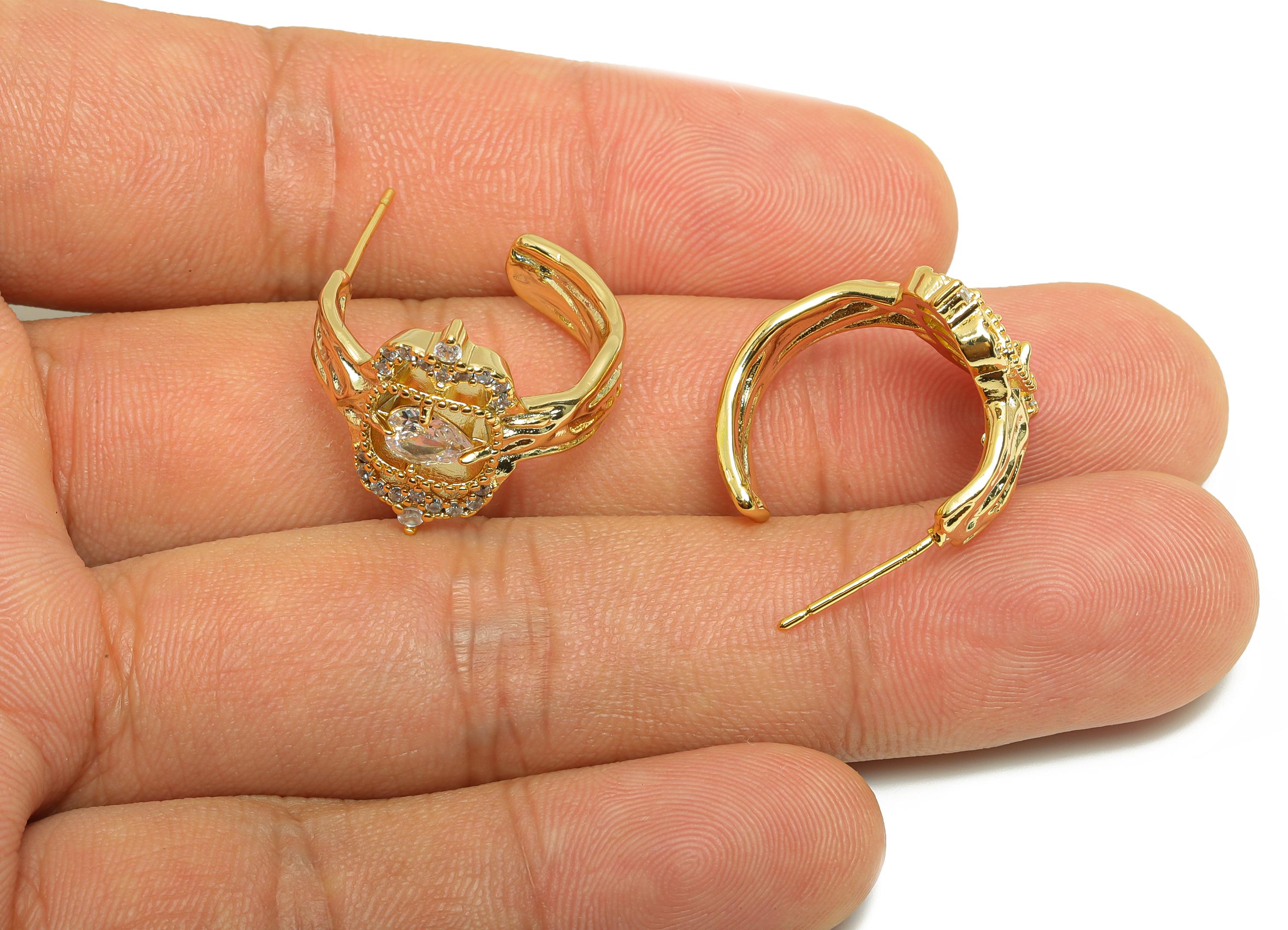 Brass Zircon Earring Stud - Gold Minimalist C Hoop Earring Post - Circle Party Earring - 18K Real Gold Plating - 25.22x20.91x0.8mm - RGP9037 - DOMEDBAZAAR