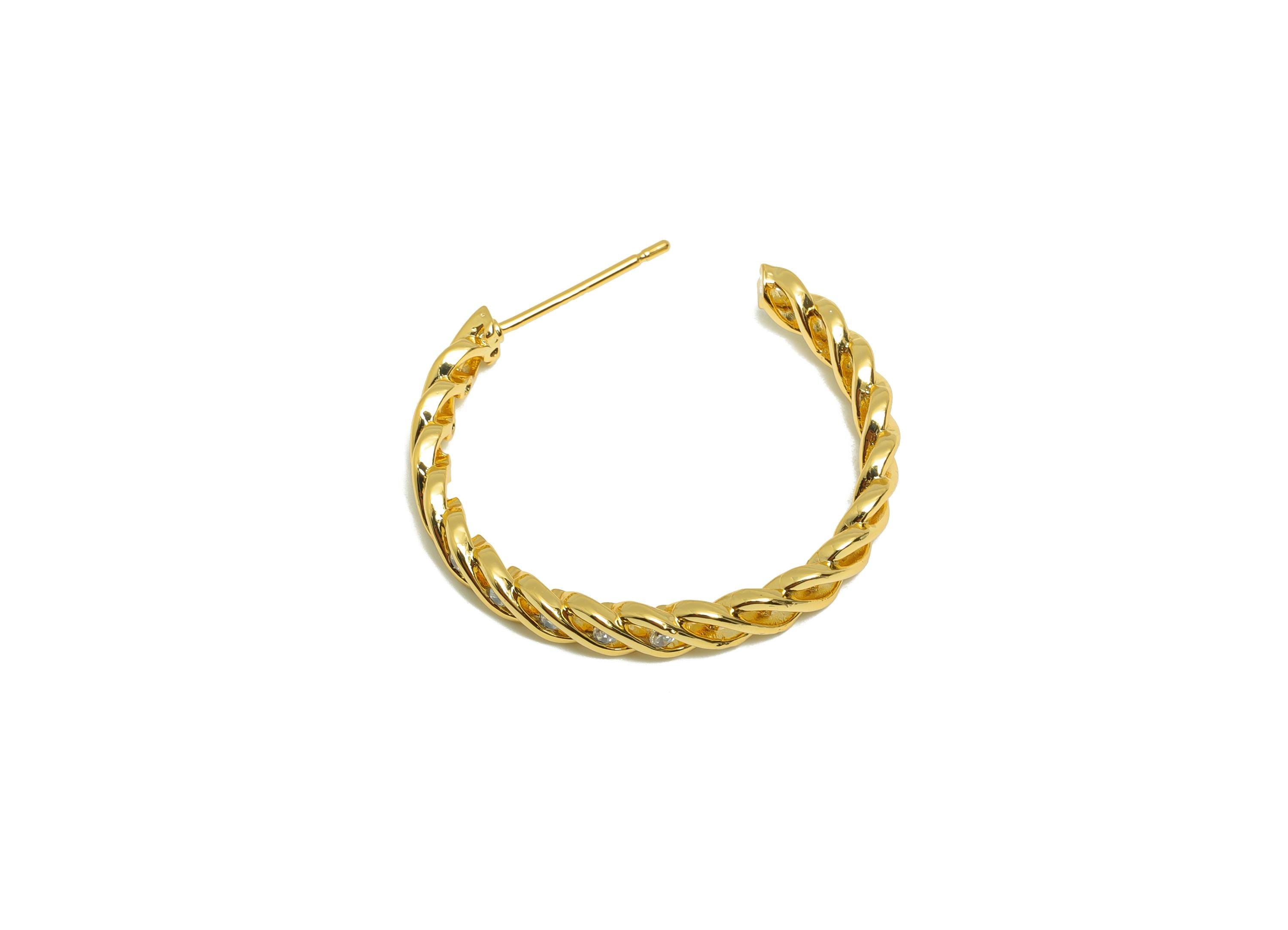 Brass Twisted Earring Stud - Gold C Hoop Earring Post for Girl- Zircon Daily Wear Earring - 18K Real Gold Plated -27.3x24.46x2.48mm- RGP9038 - DOMEDBAZAAR
