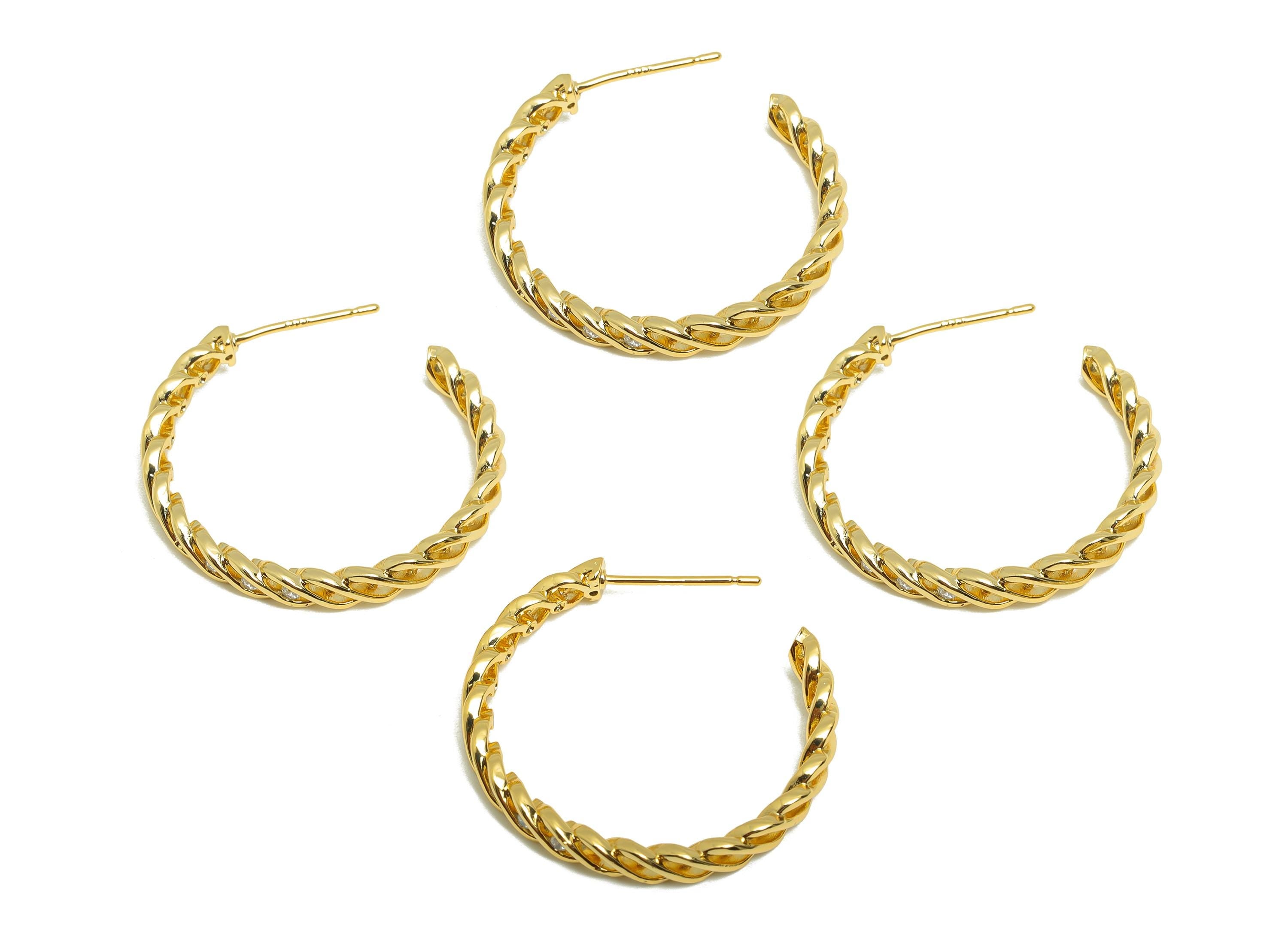 Brass Twisted Earring Stud - Gold C Hoop Earring Post for Girl- Zircon Daily Wear Earring - 18K Real Gold Plated -27.3x24.46x2.48mm- RGP9038 - DOMEDBAZAAR