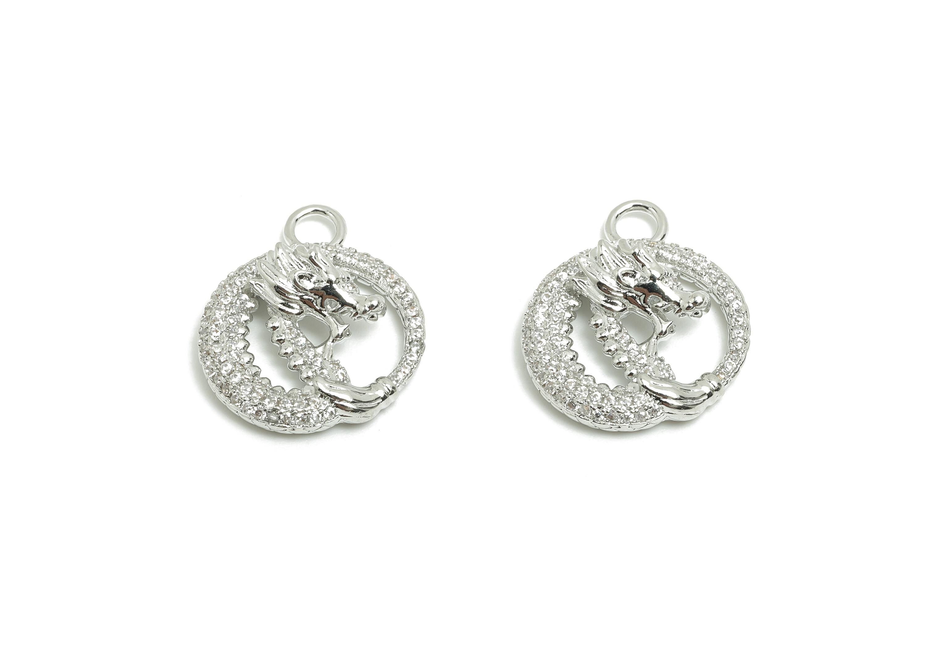 Brass  Earring Charm - Brass Textured Dragon Charm - Brass Animal Silver Pendant - 18K Real White Gold Plating - 19.2x16.7x6mm - RGP9992 - DOMEDBAZAAR