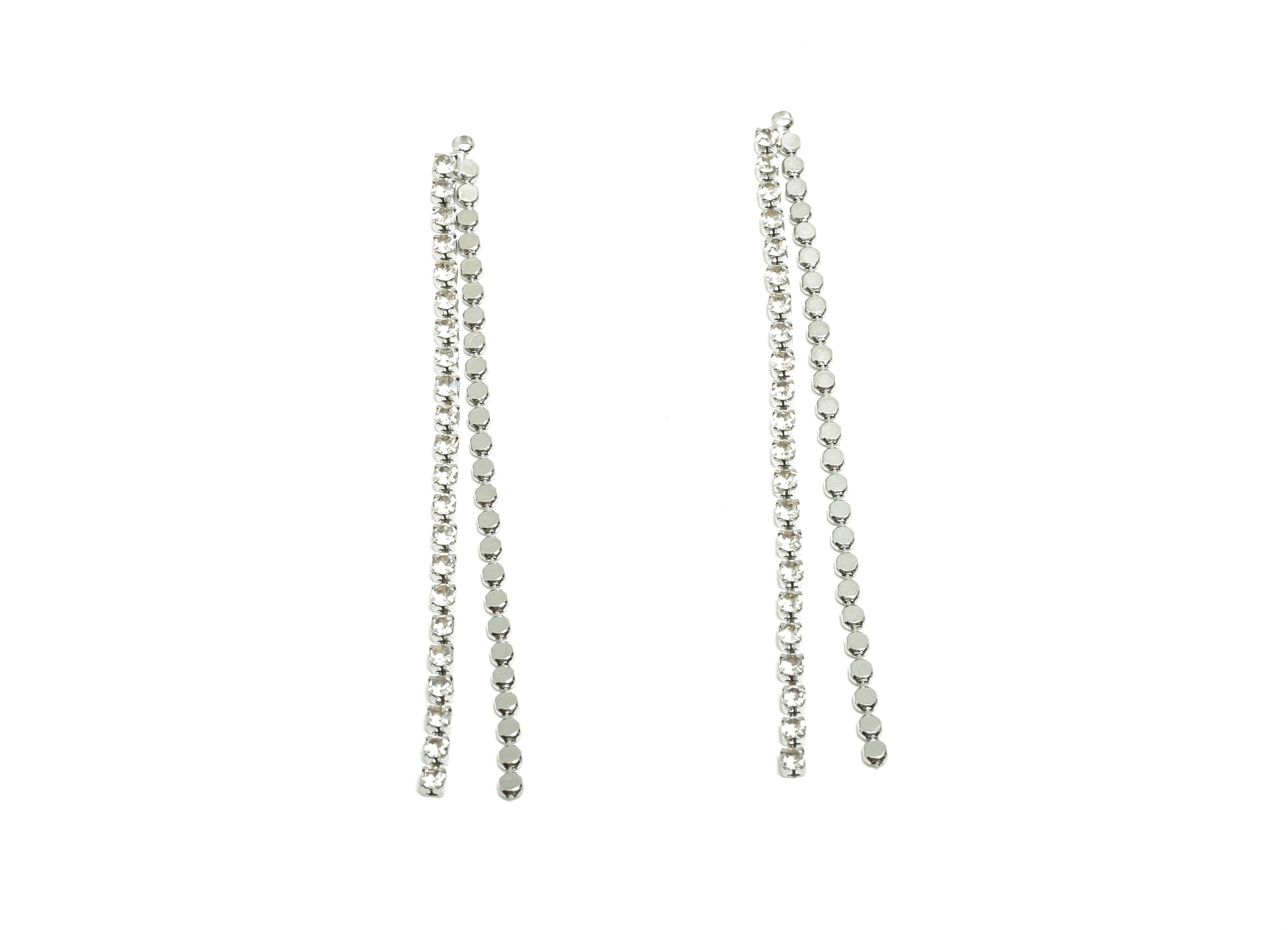 Brass CZ Tassel Earring Charm - Brass Tassel Wire Earring Charm - Cubic Zircon Charm - 18K Real White Gold Plated - 70x4x1mm - RGP10004 - DOMEDBAZAAR